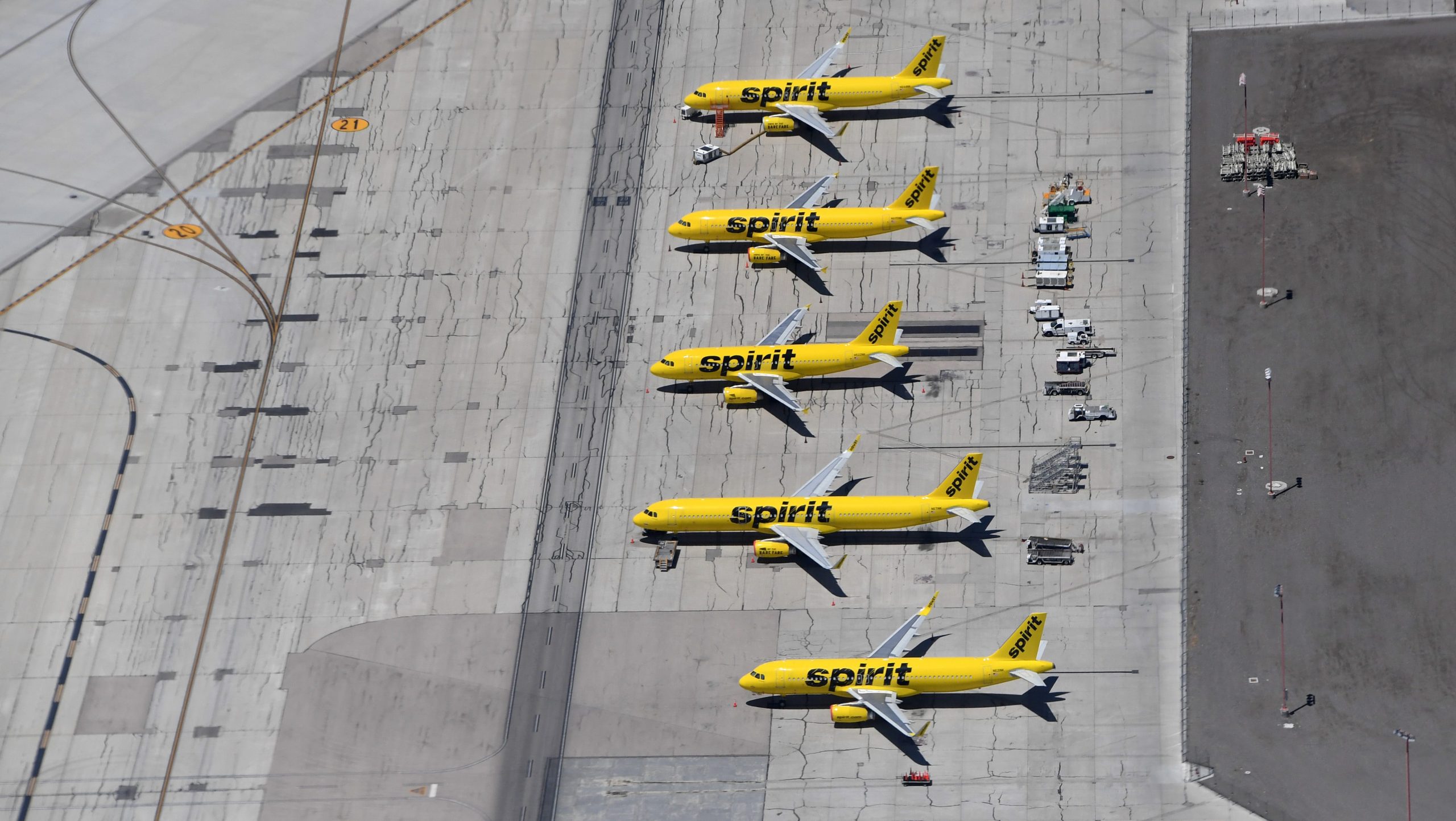 An aerial view shows Spirit Airlines jets parked at McCarran International Airport