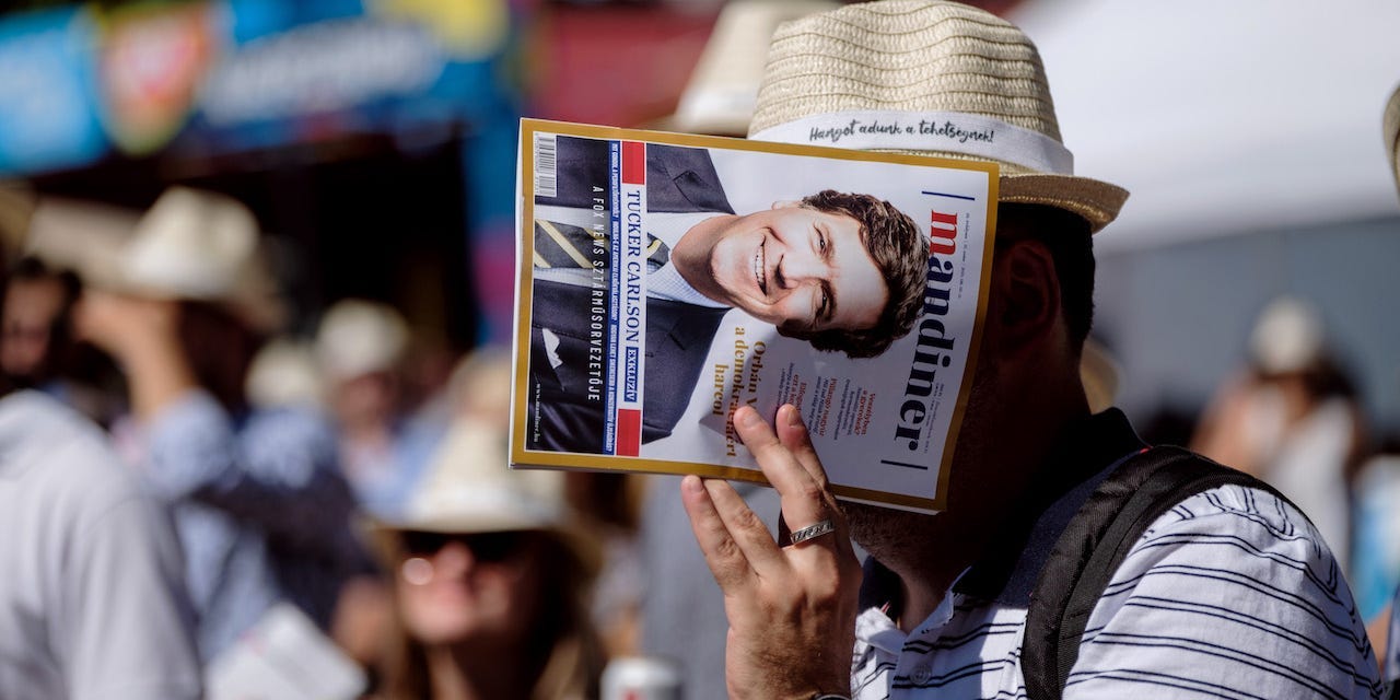 Tucker Carlson on the cover page of the Hungarian weekly magazine Mandiner at the Mathias Corvinus Collegium (MCC) Feszt on August 7, 2021 in Esztergom, Hungary.