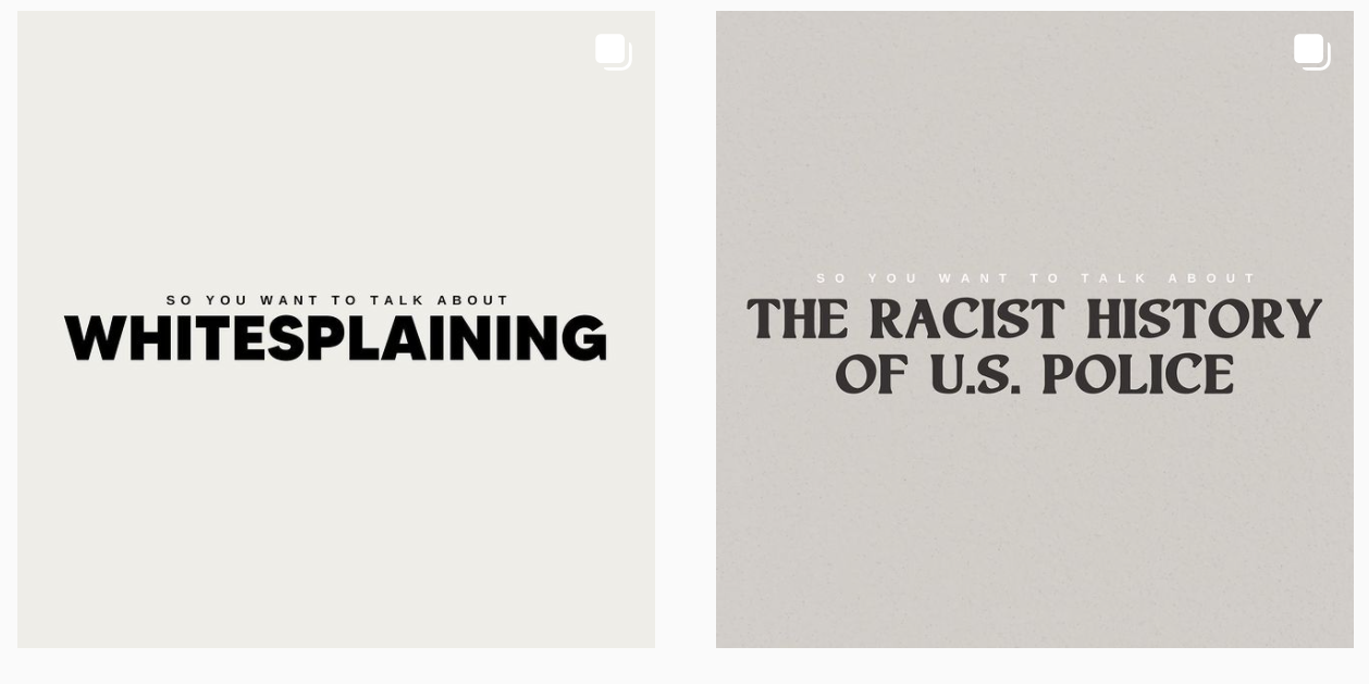 Posts on Natale's page talked about topics like 'whitesplaining' and the racist history of the US police, as well as even broader issues like reframing and change.