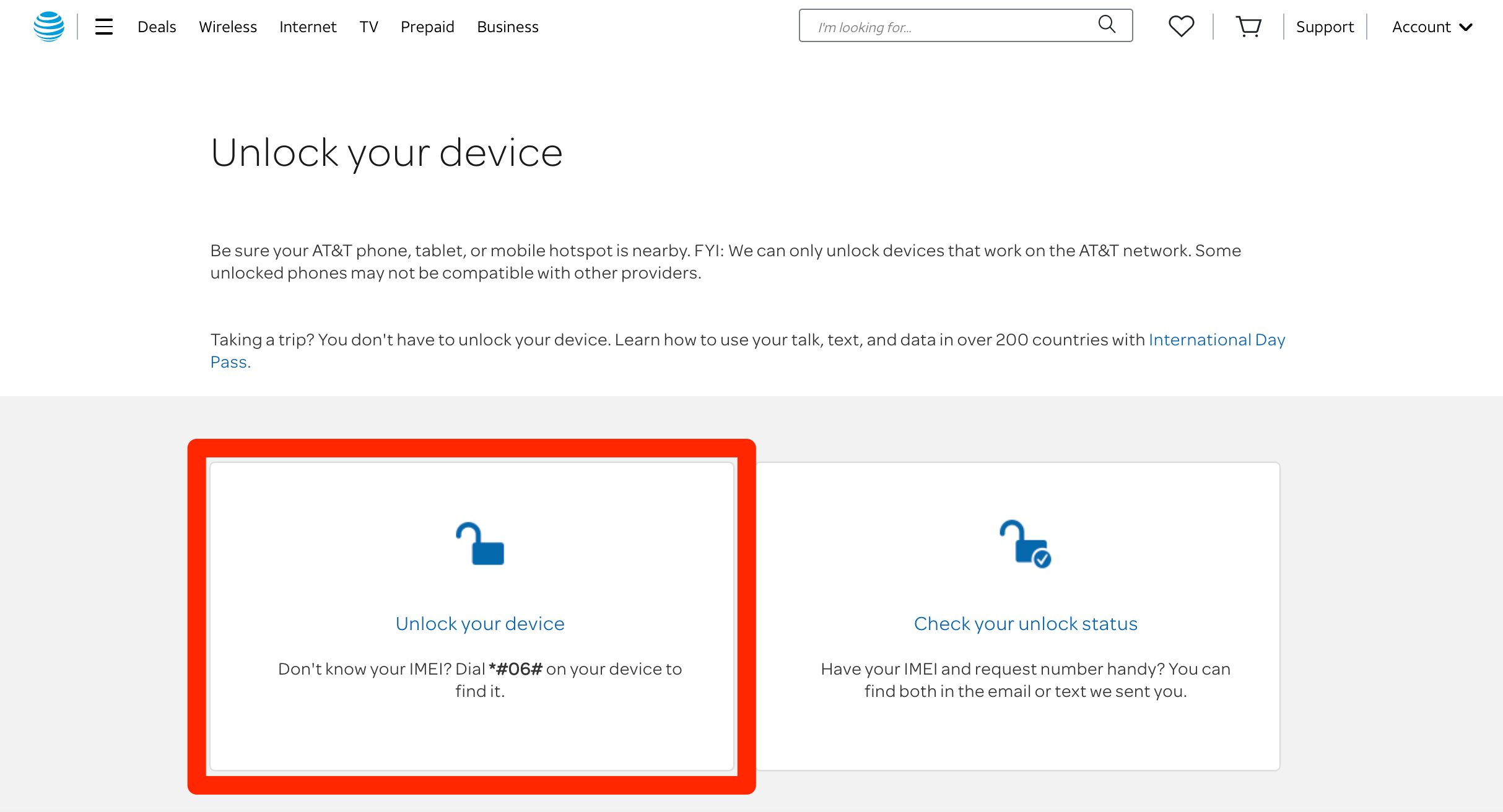An AT&T webpage where a user can ask to have their phone unlocked.