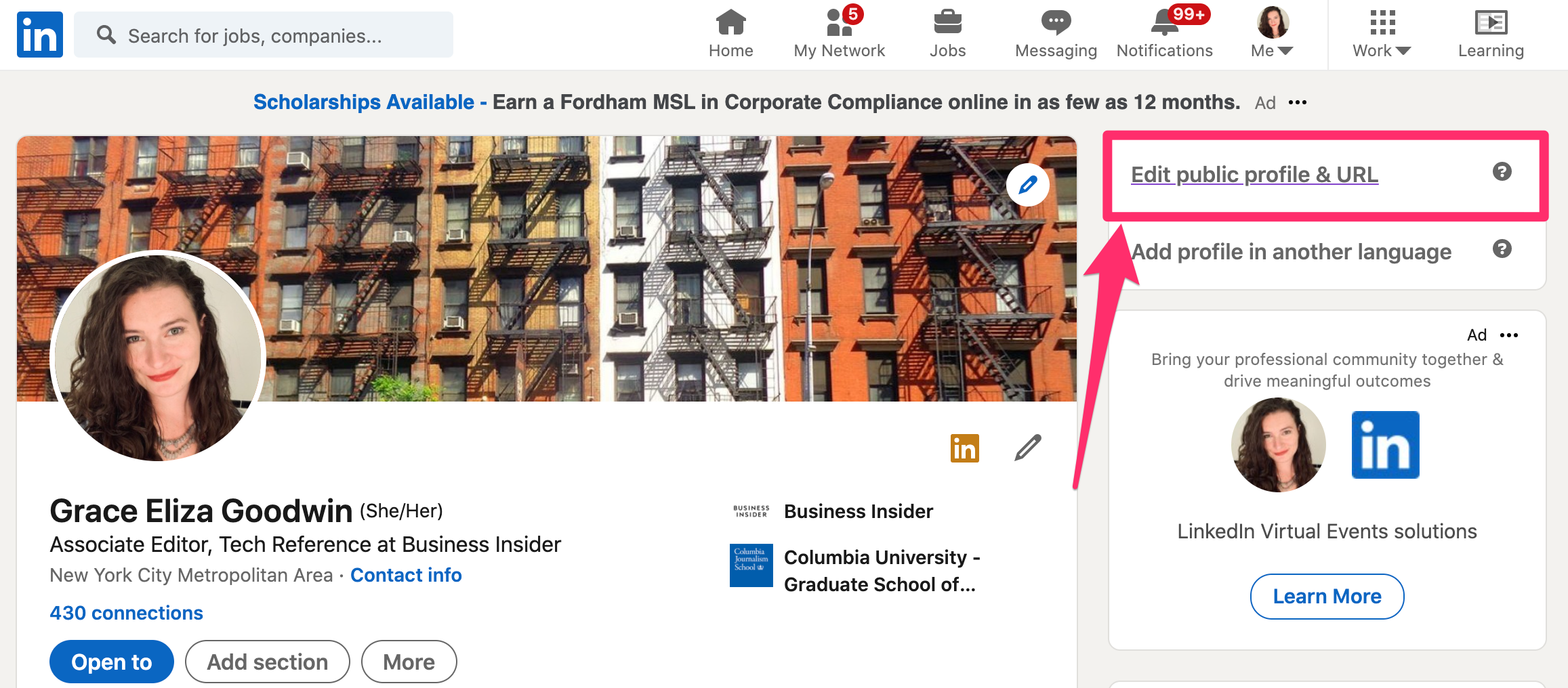 Screenshot of "Edit public profile & URL" button on LinkedIn profile page