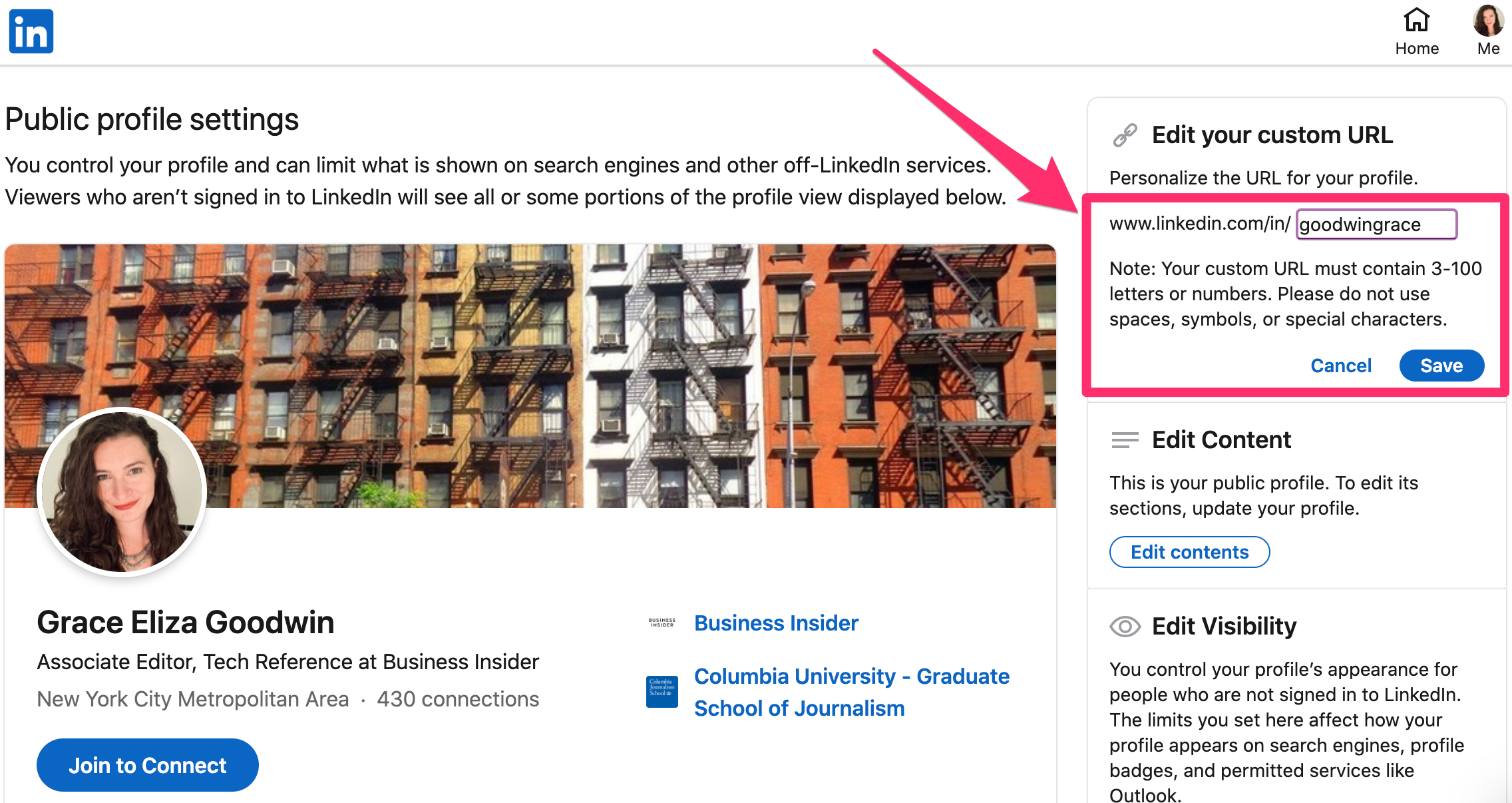 Screenshot of section to change URL on LinkedIn profile