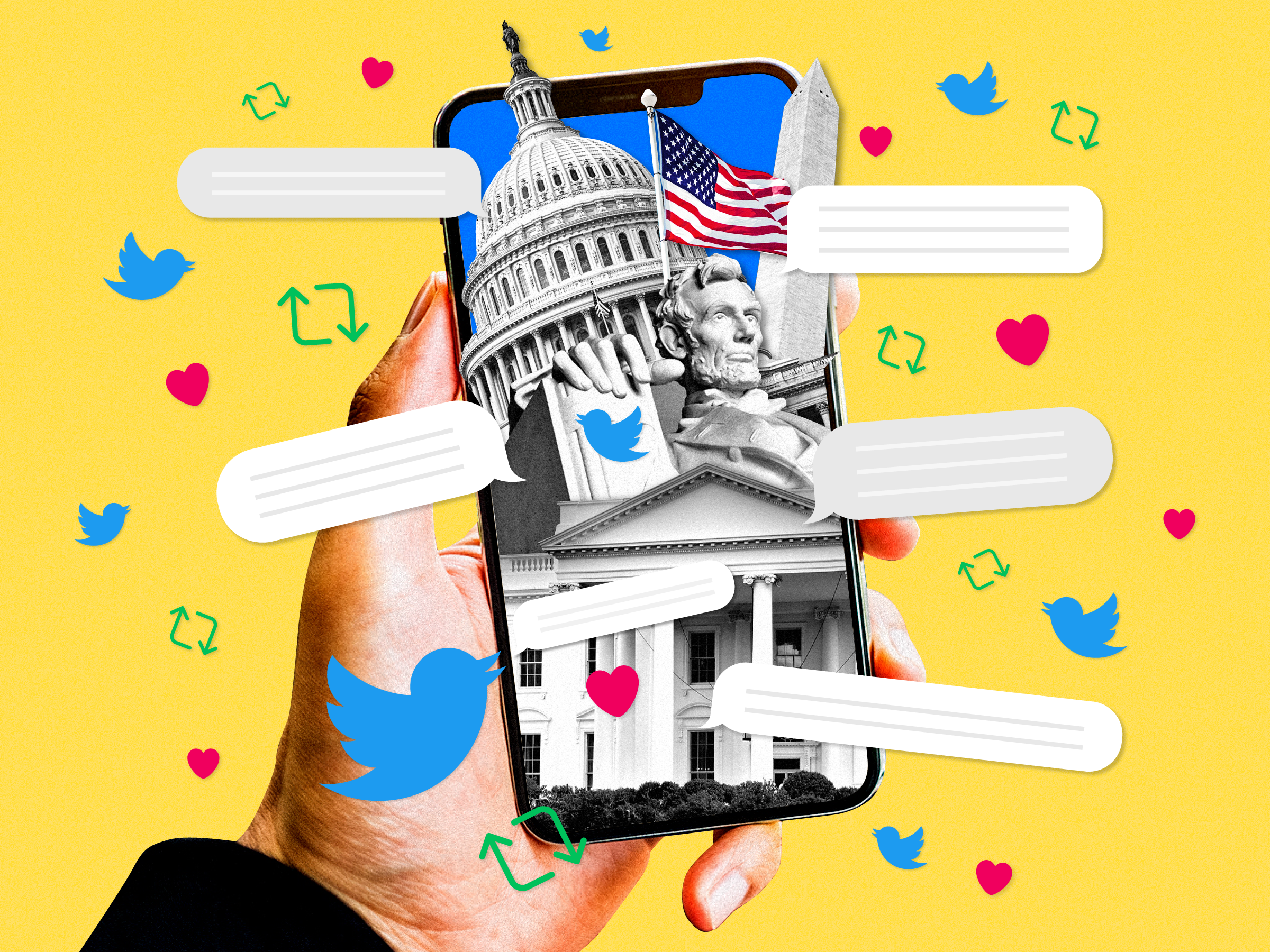 A hand holding a phone with the Capitol building, American flag, Lincoln Memorial, and White House on the screen. Twitter birds, retweet, and like icons surround the phone on a yellow background.