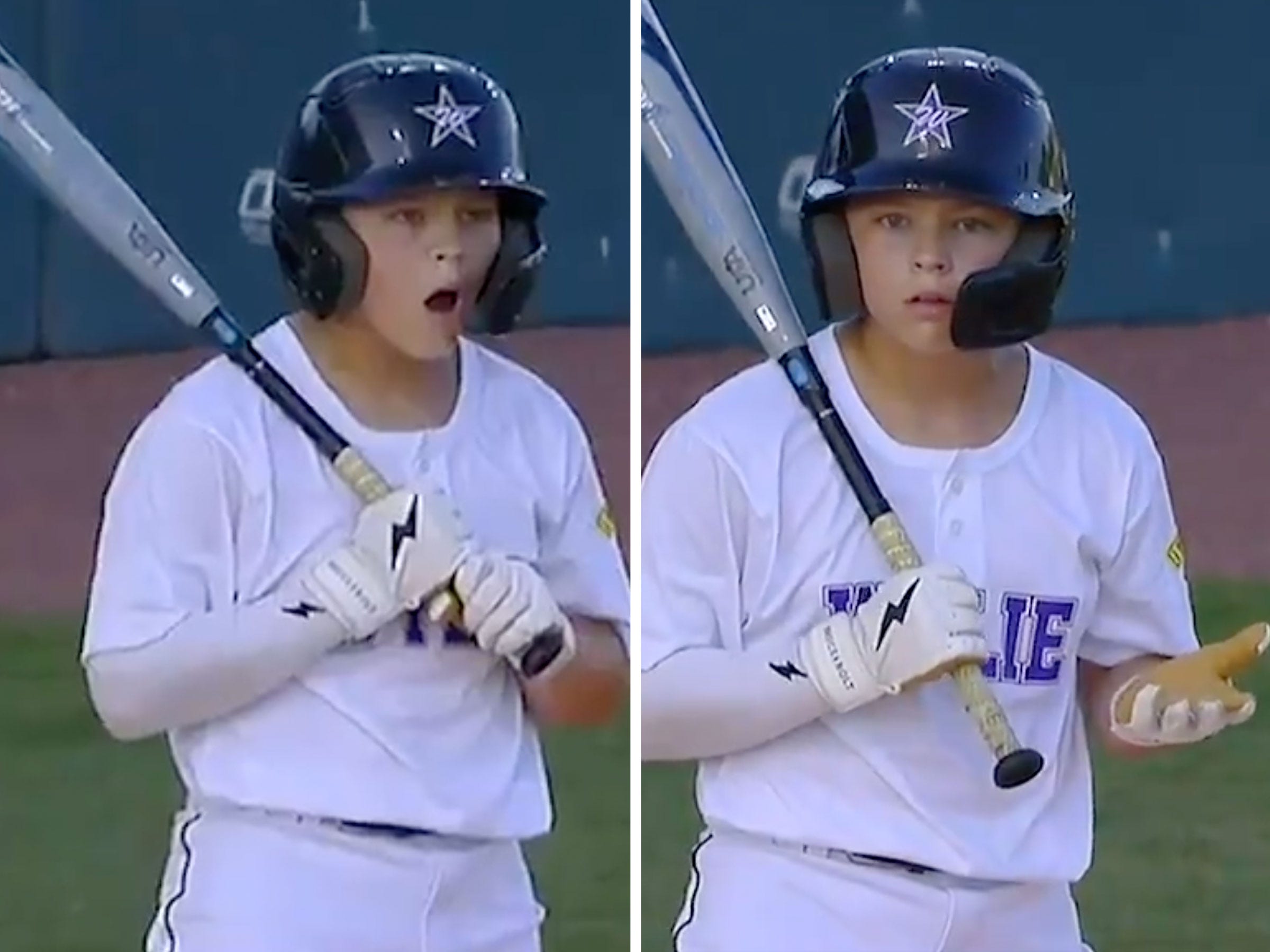 A Little Leaguer reacts to a bad strike call during his at-bat.