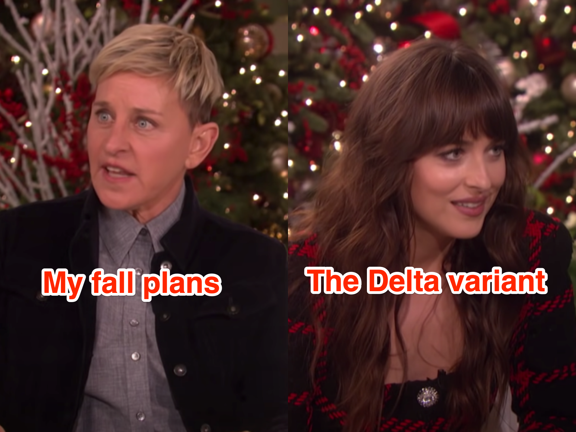 left: ellen degeneres and the text "my fall plans;" right: dakota johnson and the text "The Delta variant"