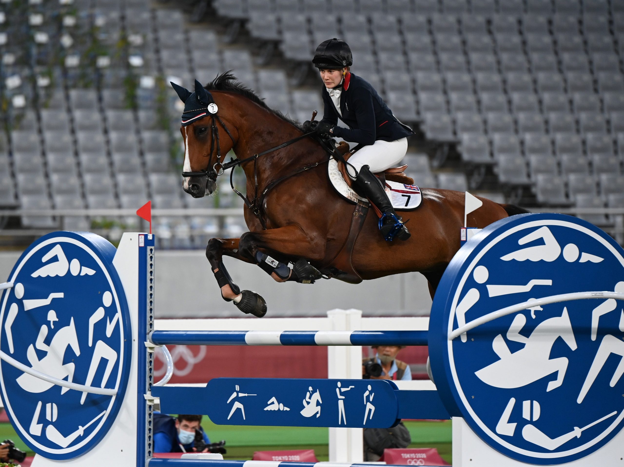 Kate French of Britain competes in the riding portion of the women's individual of modern pentathlon at Tokyo 2020 Olympic Games