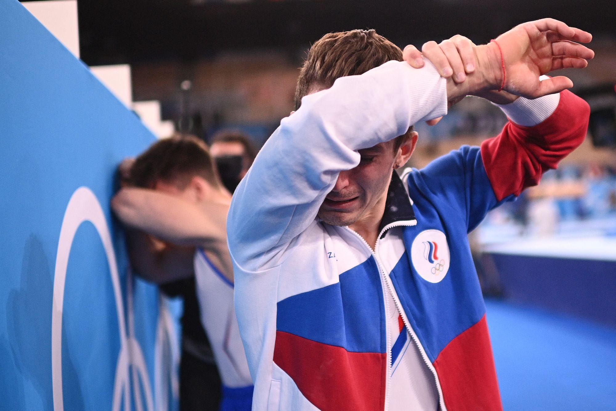Russia's Denis Abliazin celebrates after winning the artistic gymnastics men's team final during the Tokyo 2020 Olympic Games at the Ariake Gymnastics Centre