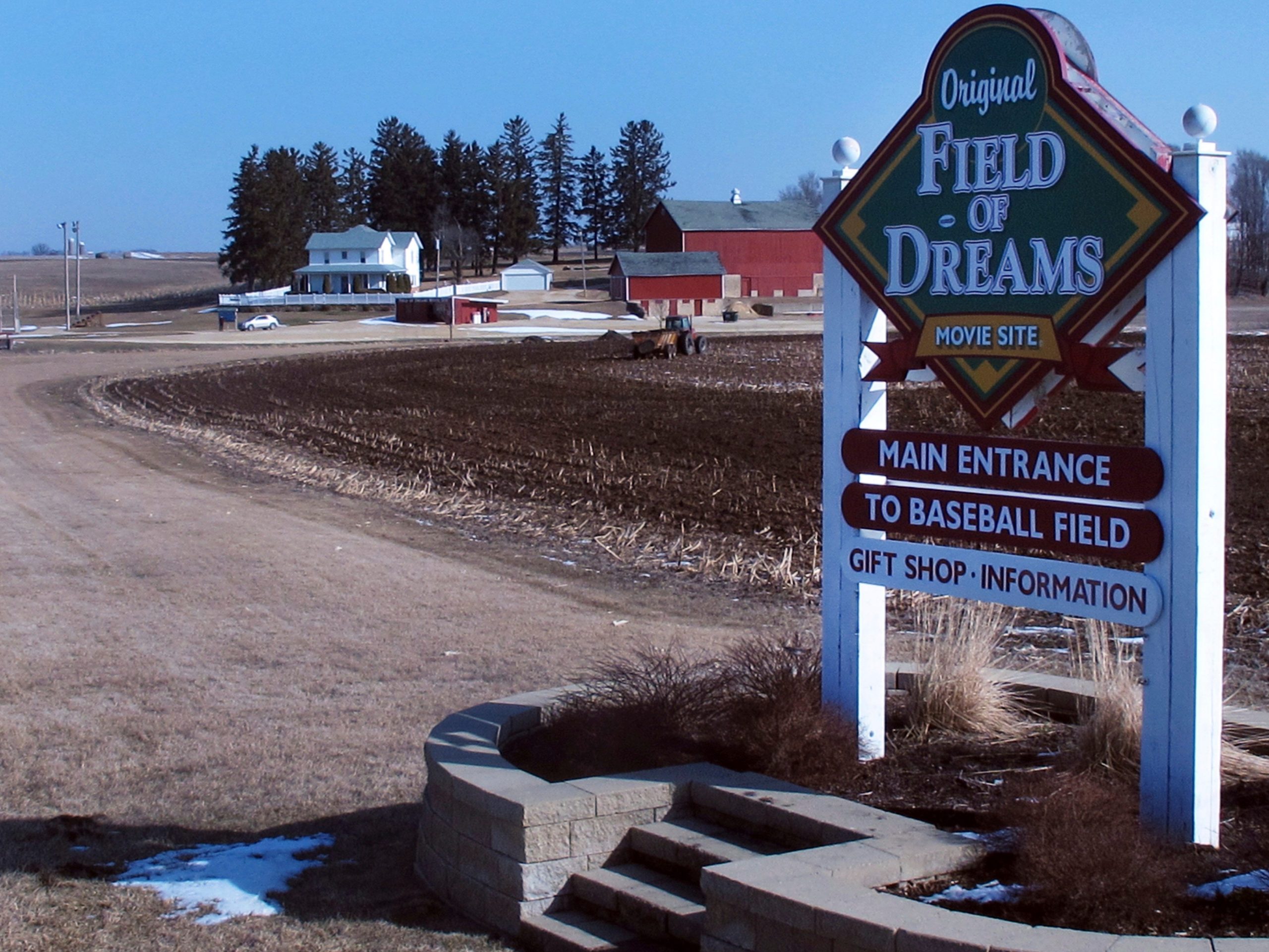 This March 6, 2012, file photo shows the entrance to the "Field of Dreams" movie site in Dyersville, Iowa. Three decades after Kevin Costner's character built a ballpark in a cornfield in the movie "Field of Dreams," the iconic site in Dyersville, Iowa, prepares to host the state's first Major League Baseball game at a built-for-the-moment stadium for the Chicago White Sox and New York Yankees.