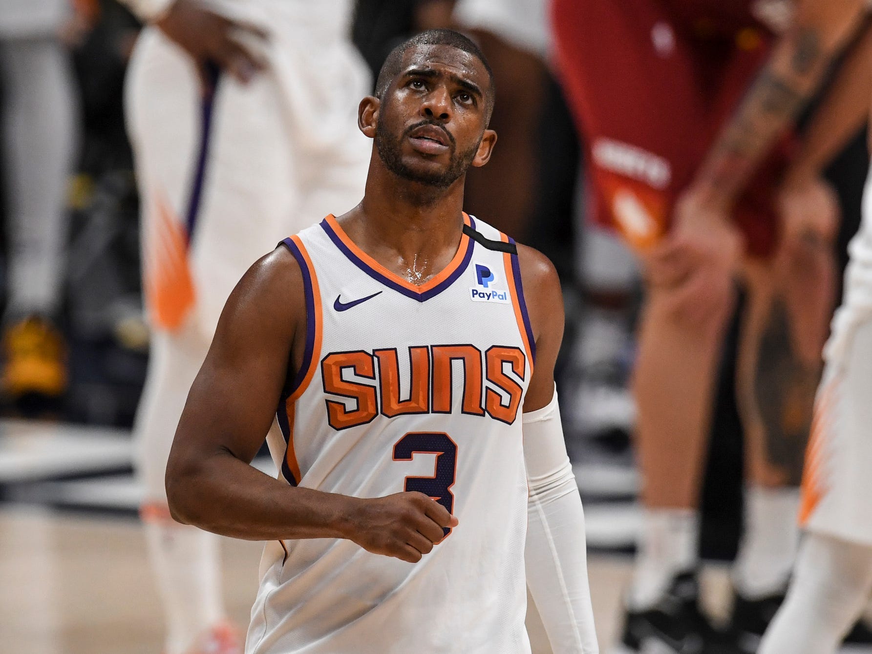 Chris Paul (3) of the Phoenix Suns during the fourth quarter of Phoenix's series-clinching 125-118 win at Ball Arena on Sunday, June 13, 2021.