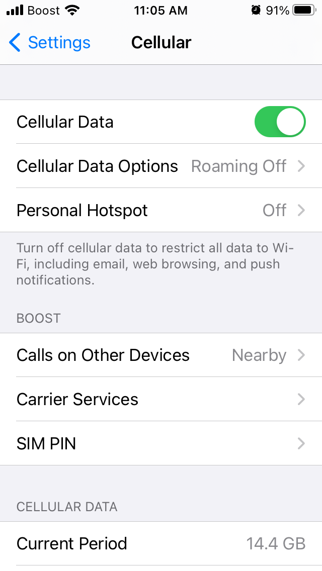 cellular data page on iphone
