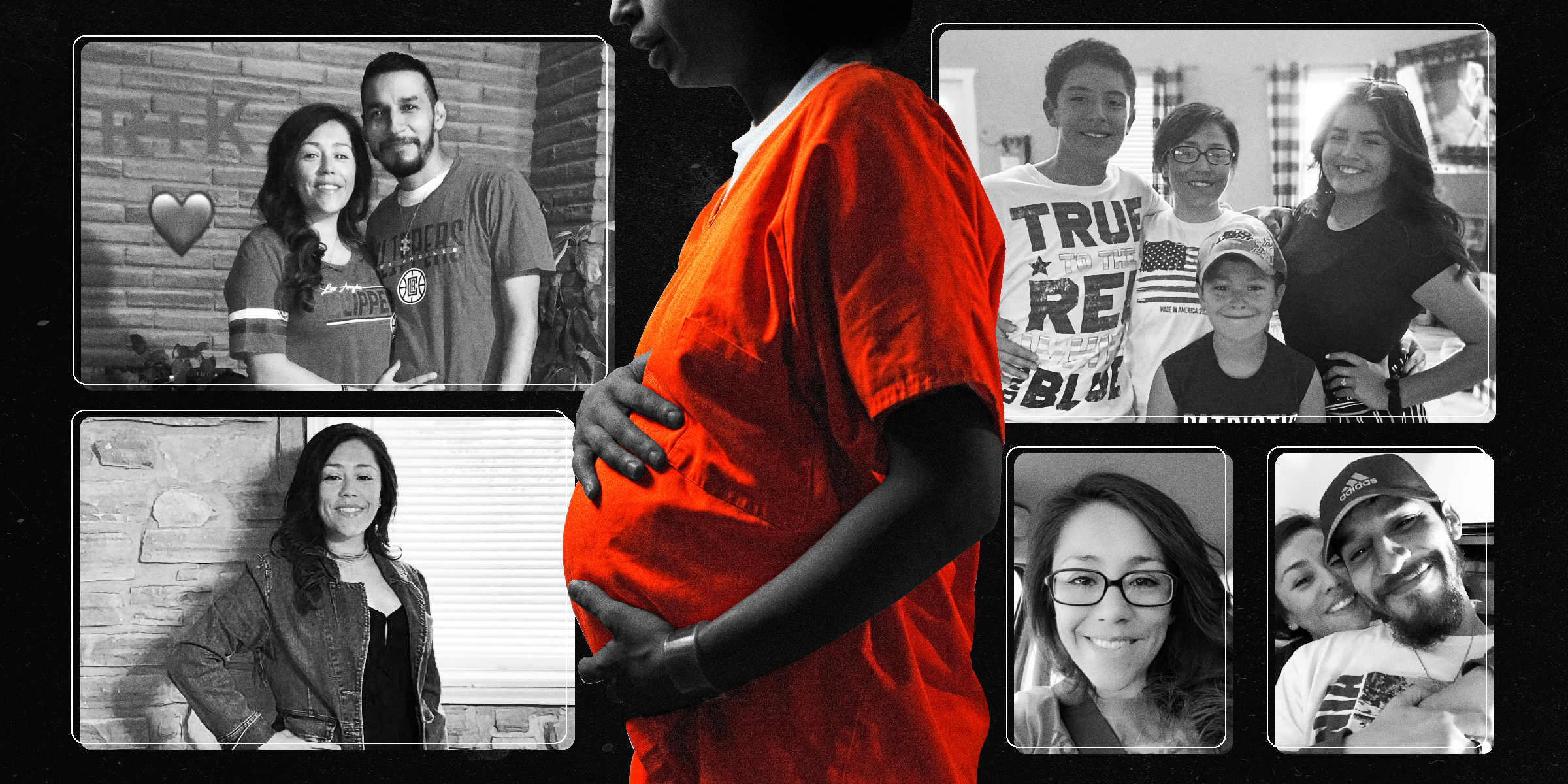 Image of a pregnant inmate on top of black and white photos of Raquel Esquivel and her family