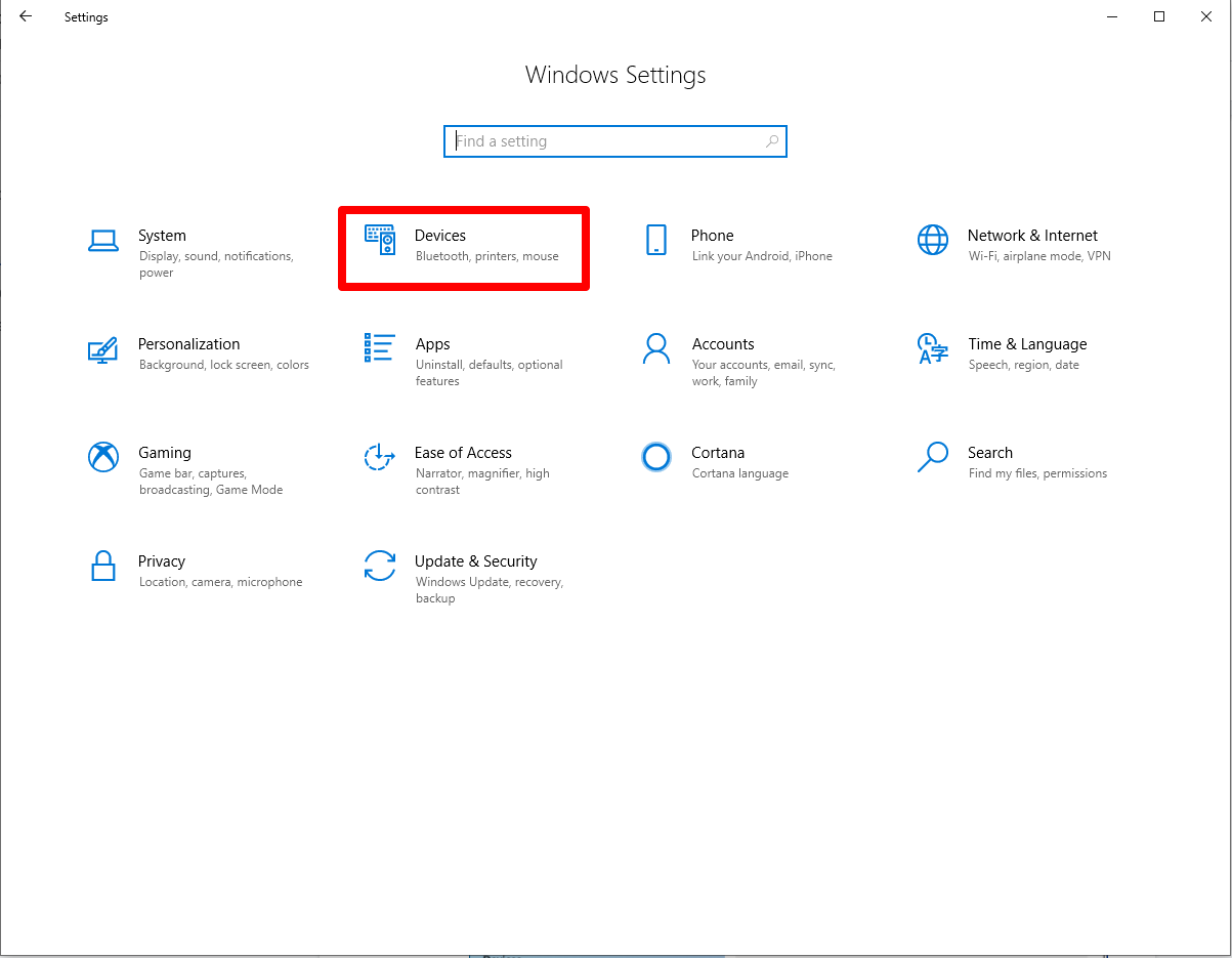 Windows 10 Settings with a box around the Devices option.