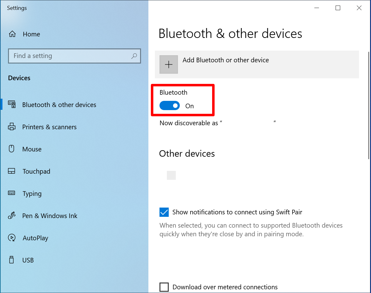 Screenshot of Windows 10 Devices settings with a box around Bluetooth.