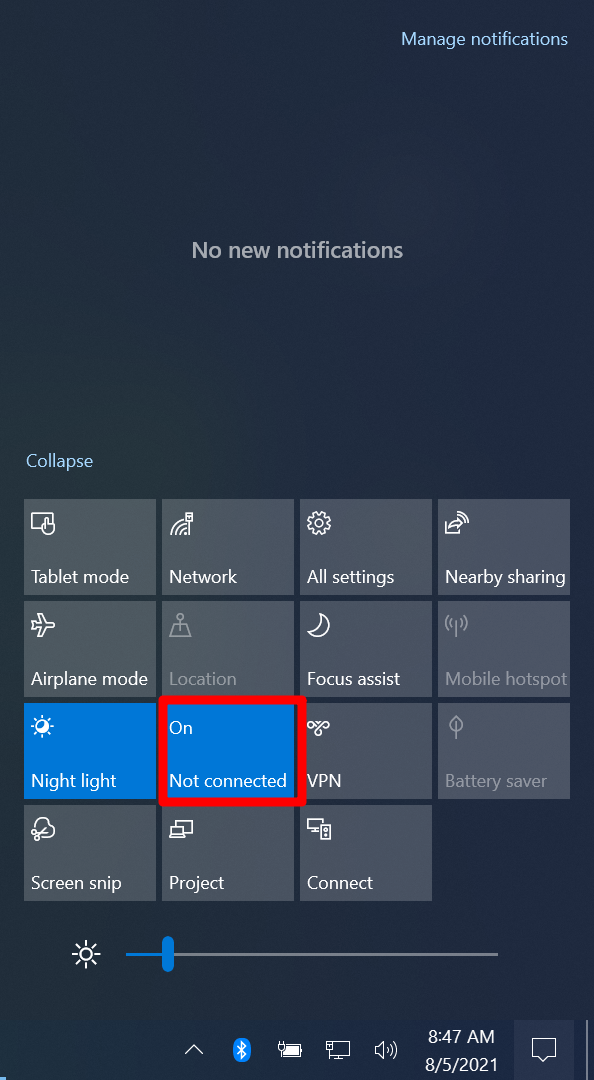 Screenshot of Windows 10 Action Center with box around the Bluetooth settings tile.