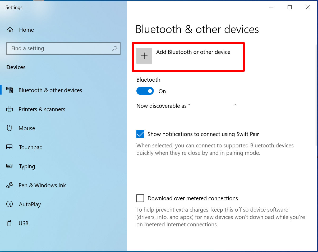 Screenshot of Windows 10 Devices setting with box around Add Bluetooth or other device.