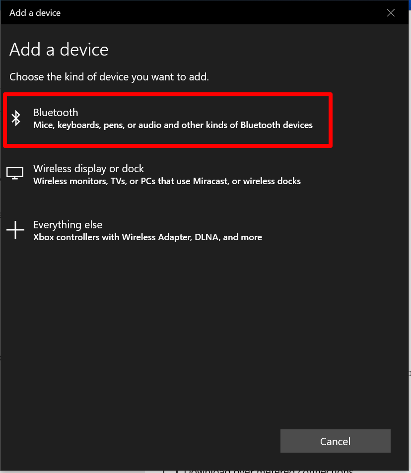 Screenshot of Windows 10 Add a device pop-up with a box around Bluetooth.