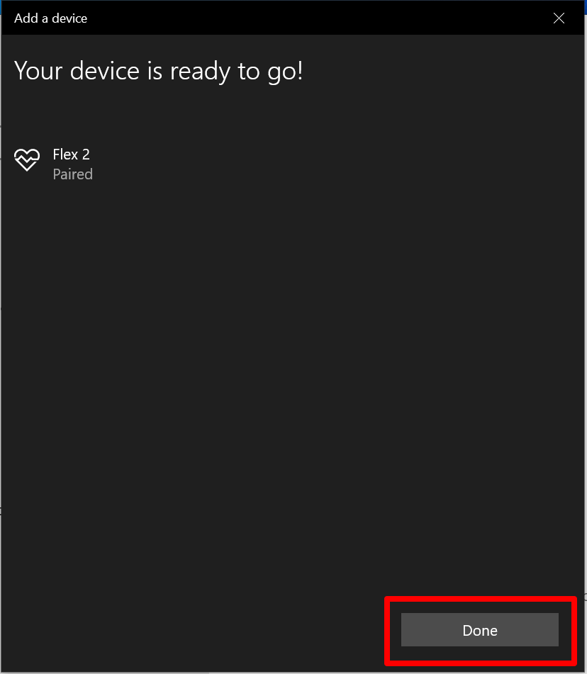 Screenshot of a Windows 10 Bluetooth pairing confirmation message with a box around Done.