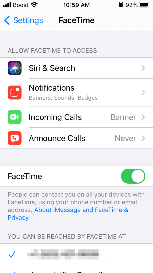 facetime not working: facetime setting page