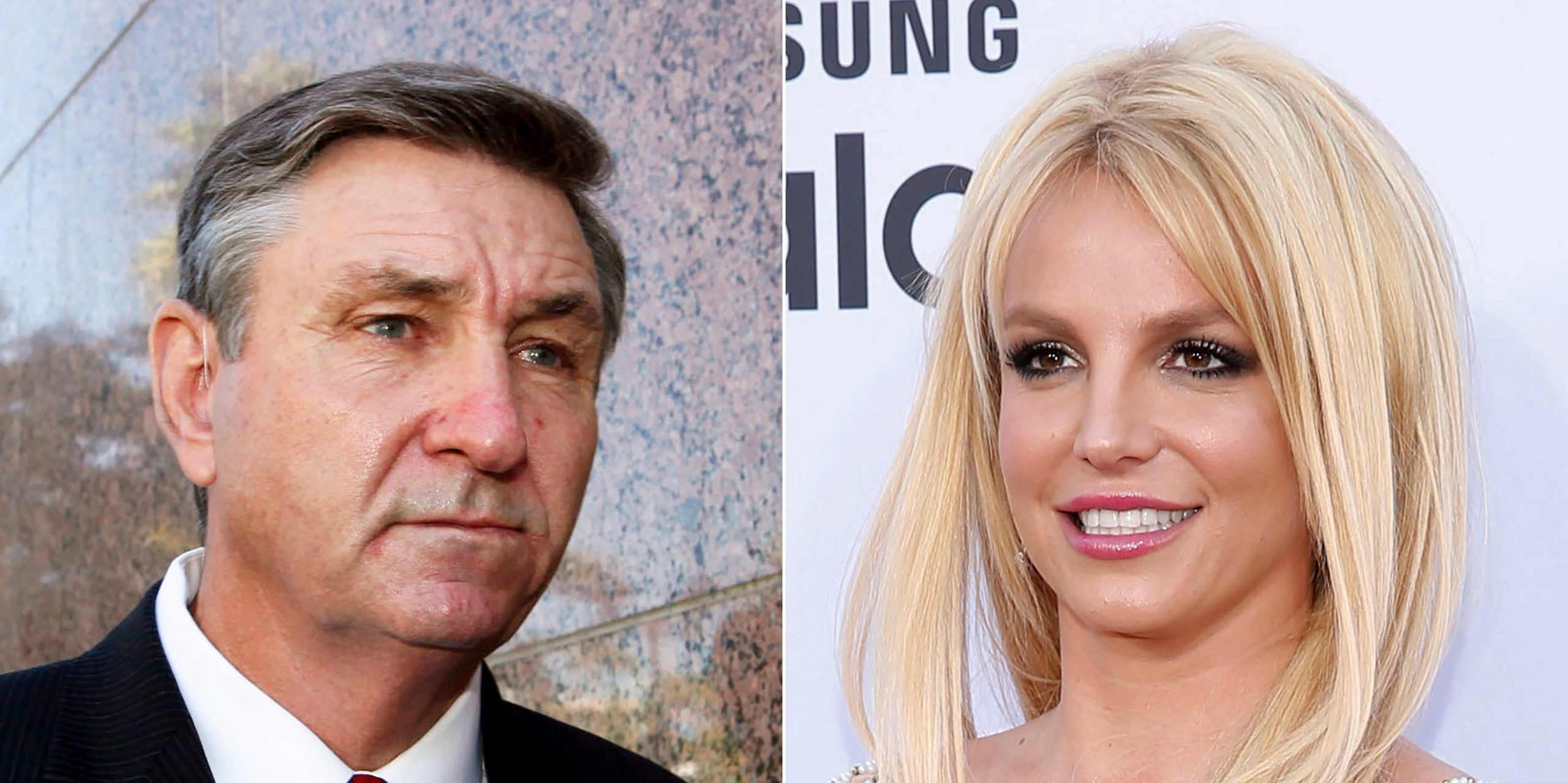 Jamie Spears, father of singer Britney Spears, leaves the Stanley Mosk Courthouse in Los Angeles on Oct. 24, 2012, left, and Britney Spears arrives at the Billboard Music Awards in Las Vegas on May 17, 2015.