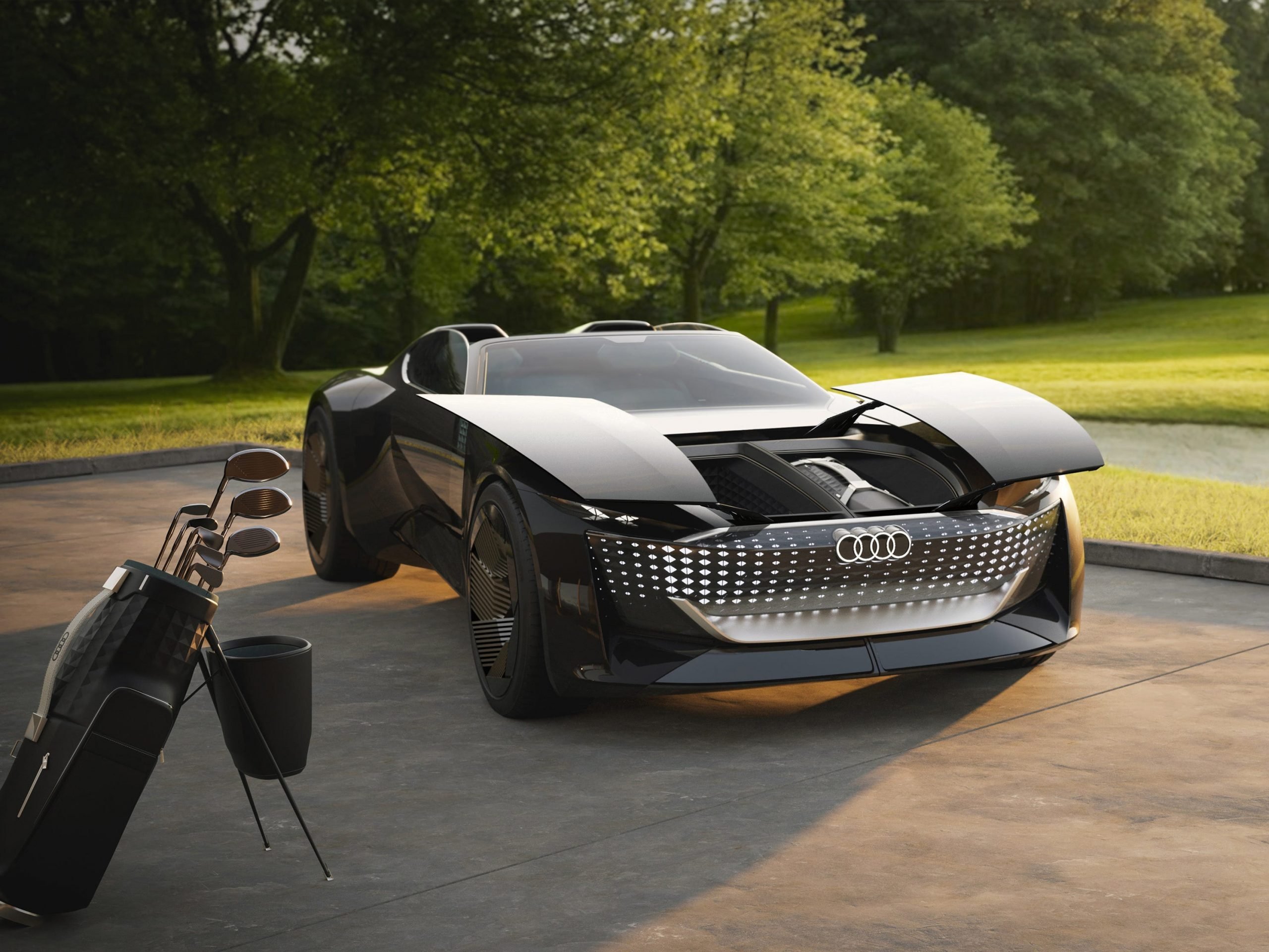 A sleek black Audi Skysphere sits next to a golf course with its front hood open.