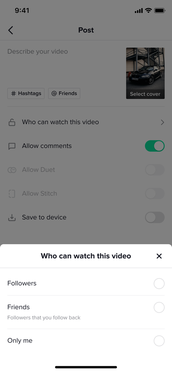 TikTok post screen viewing options