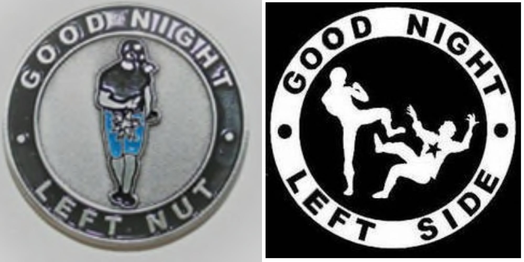 A side-by-side comparison of one face of the challenge coin, which says 'Good night left nut', and the neo-Nazi emblem which says 'Good night left side'. The design layout is identical, with a different person depicted in the center..