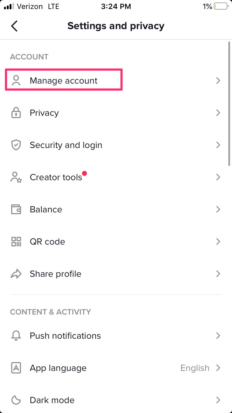 how to add link to tiktok bio - settings and privacy page, manage account