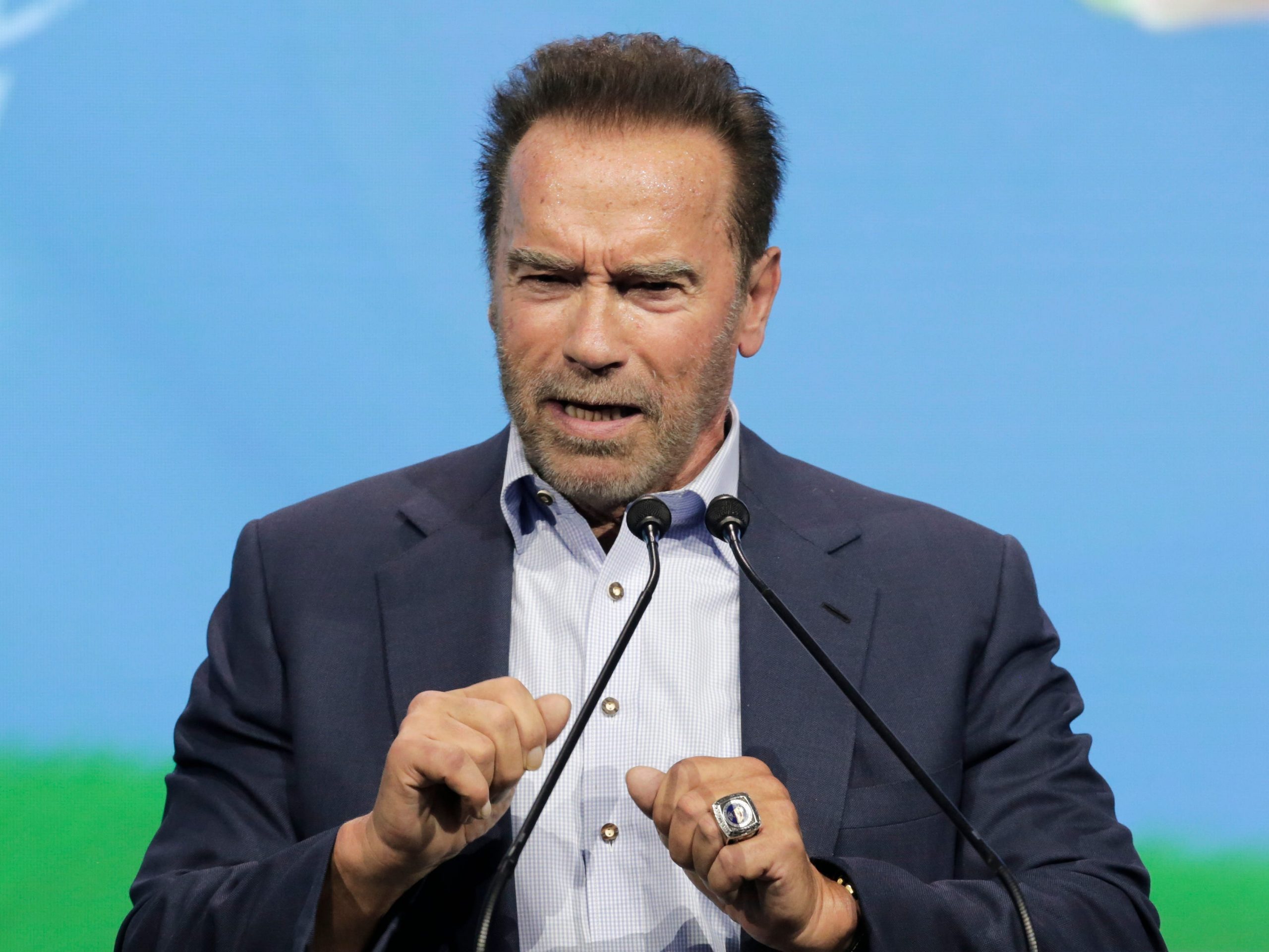 Arnold Schwarzenegger speaks at the Austrian World Summit in Vienna, Austria on July 1, 2021.