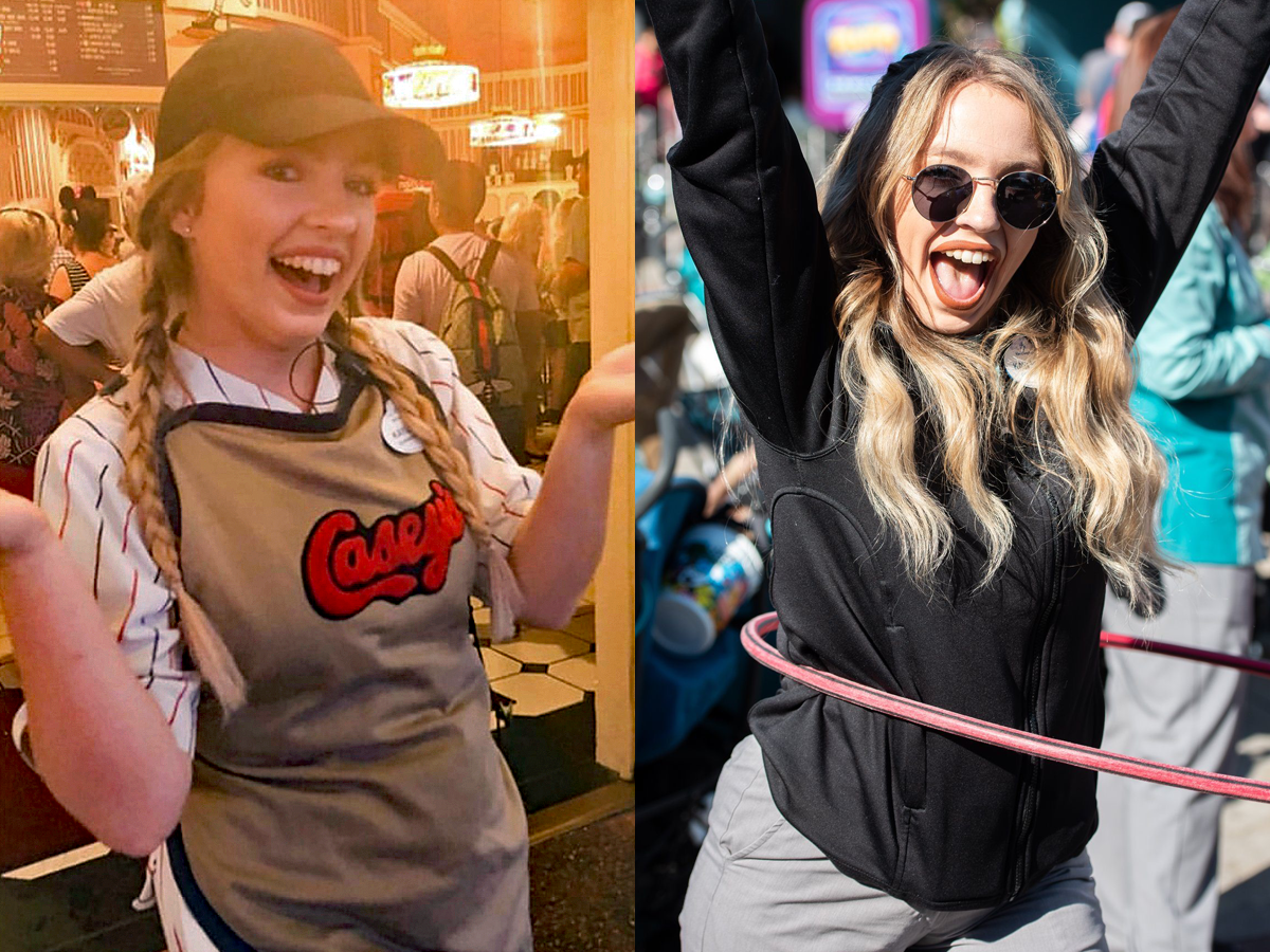 two pictures of kayleigh price working at different locations at disney world