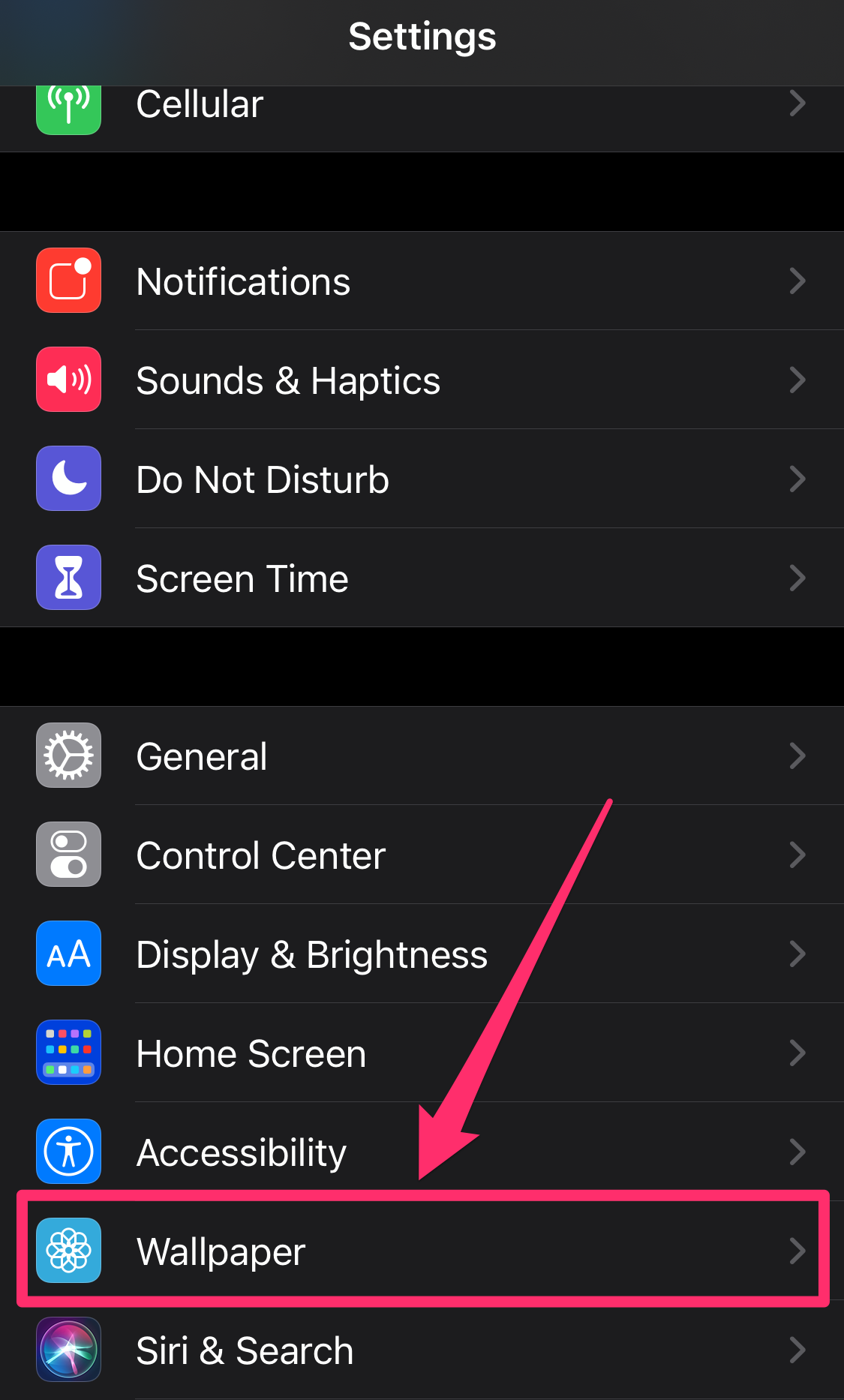 Screenshot of "Wallpaper" option in iPhone Settings app