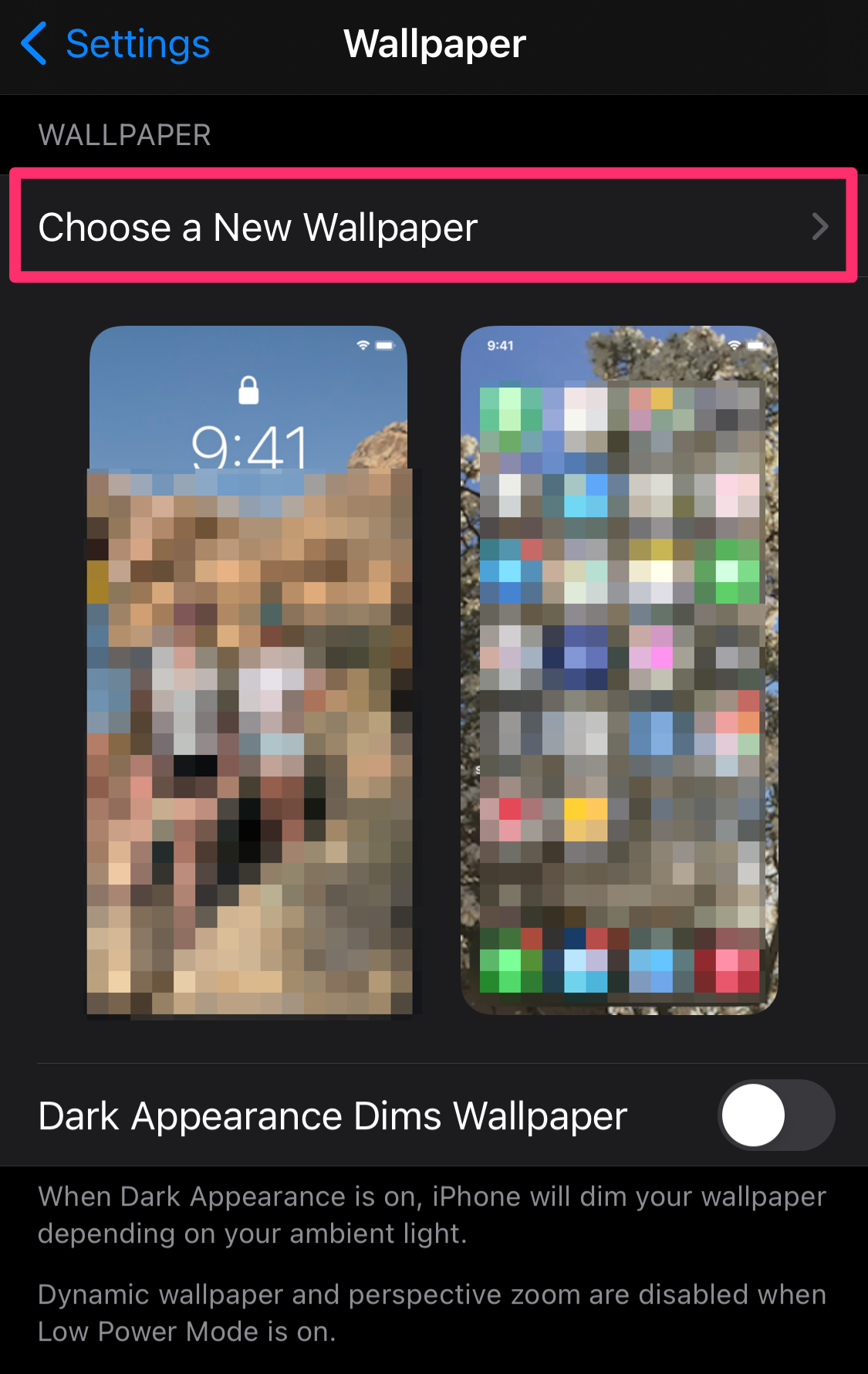Screenshot of Wallpaper page on iPhone Settings app