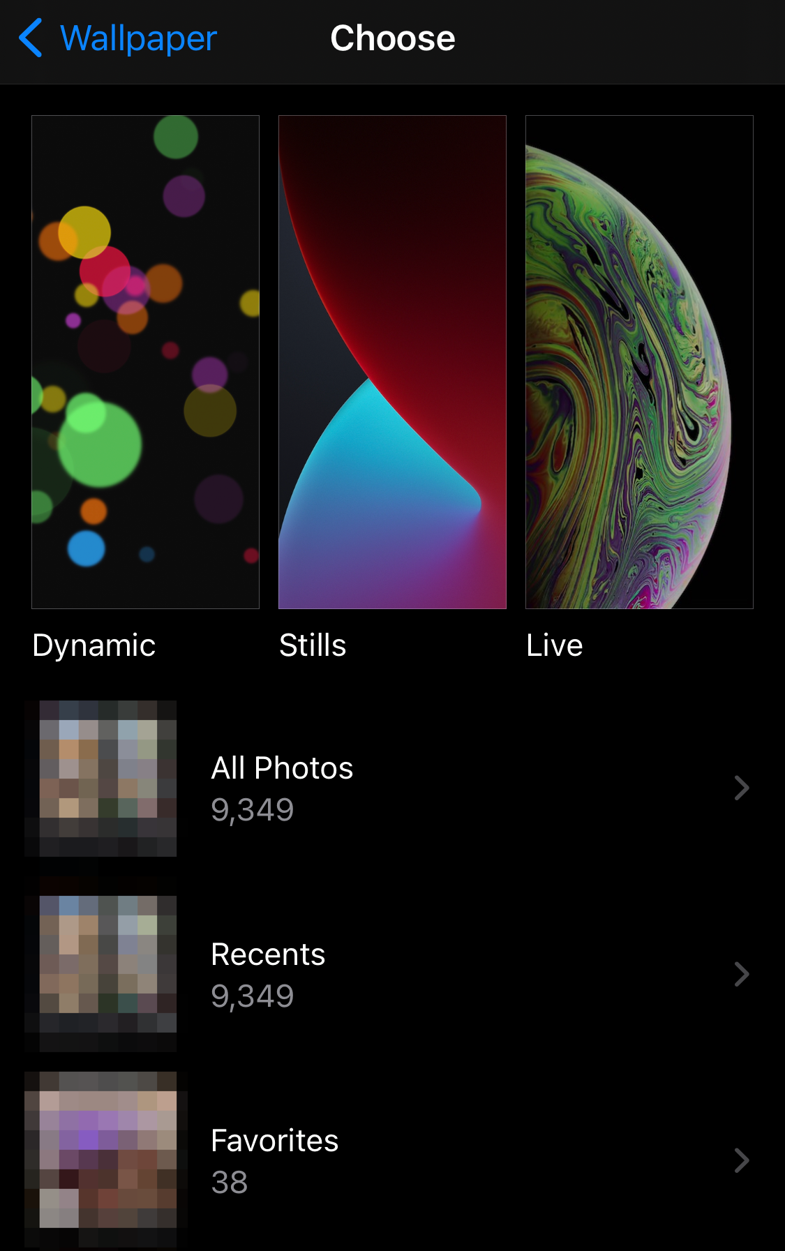 Screenshot of wallpaper selection page on iPhone Settings