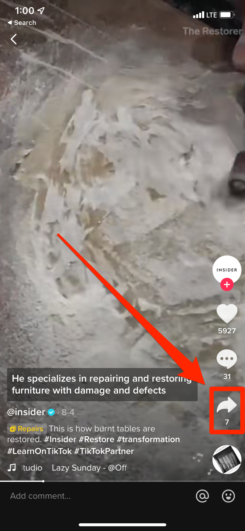 An Insider TikTok video. The Share icon is highlighted.