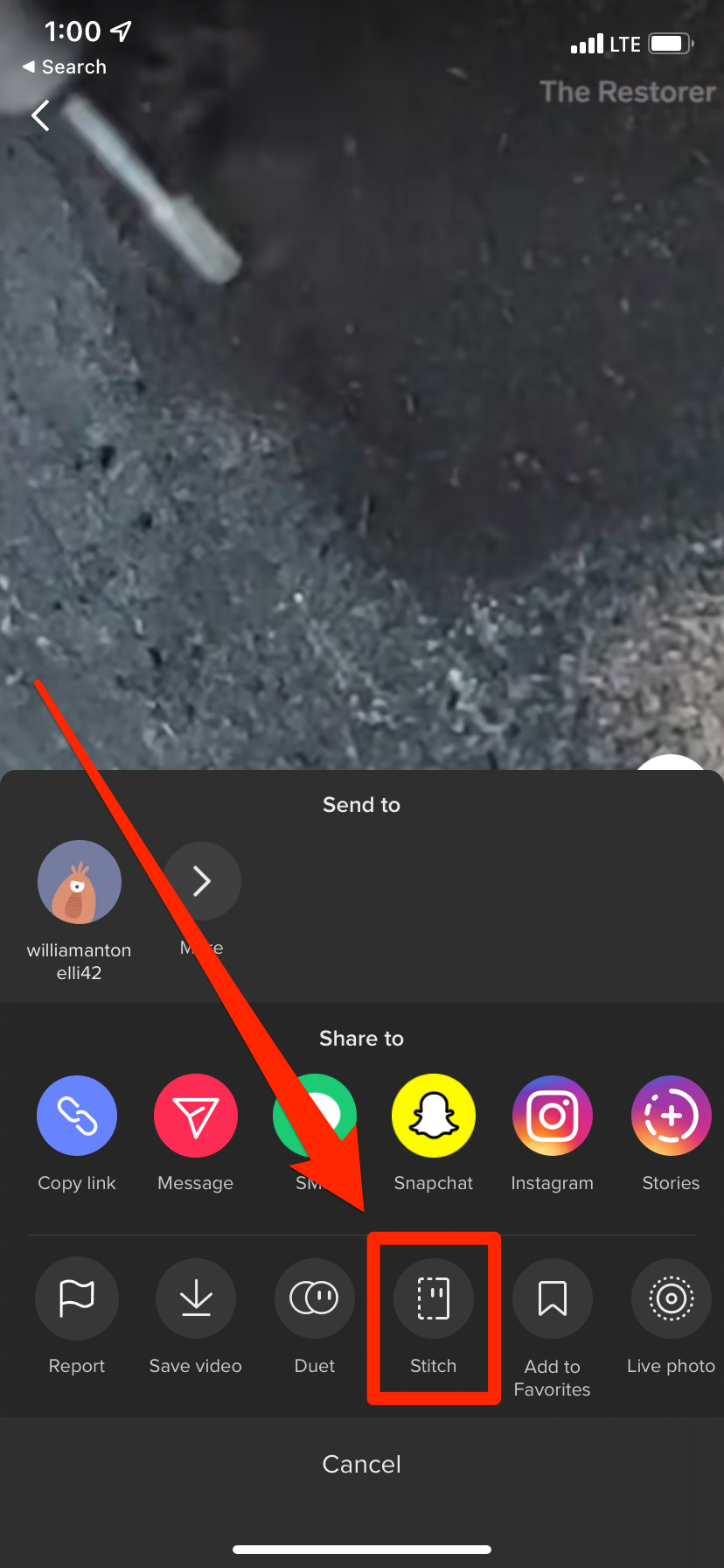 A TikTok sharing menu, with the Stitch icon highlighted.