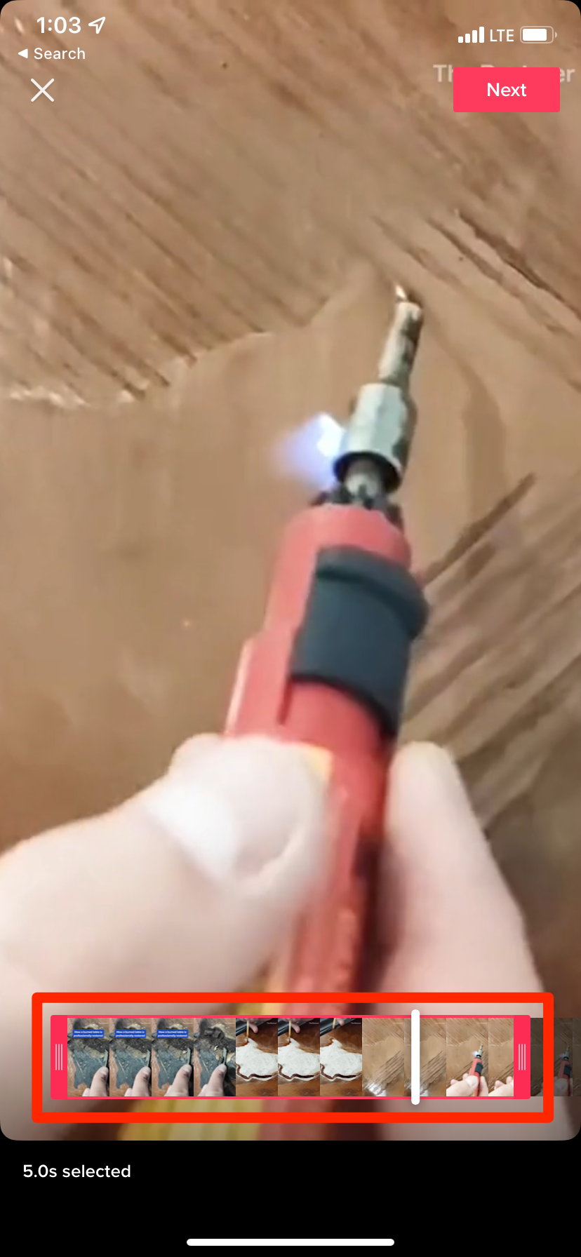 A TikTok page where the user can use a slider to cut a five second snippet of a video out of the larger video. The slider that lets you select which section to cut is highlighted.