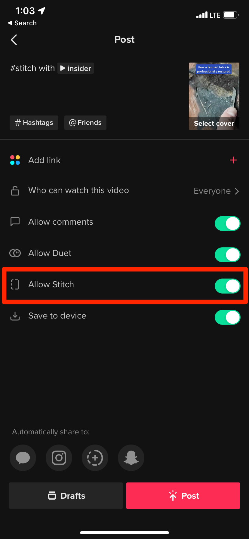 A TikTok posting settings page. The "Allow Stitch" option is highlighted.