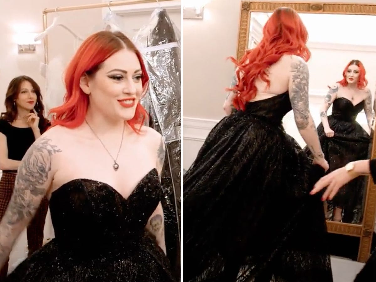 A side-by-side of a bride wearing a black wedding dress from the waist up and her looking at the dress in a mirror.