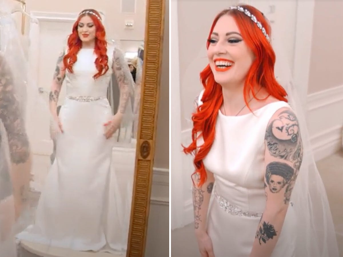 A side-by-side of a bride looking at herself in a white dress in a mirror and her smiling in the dress from the waist up.