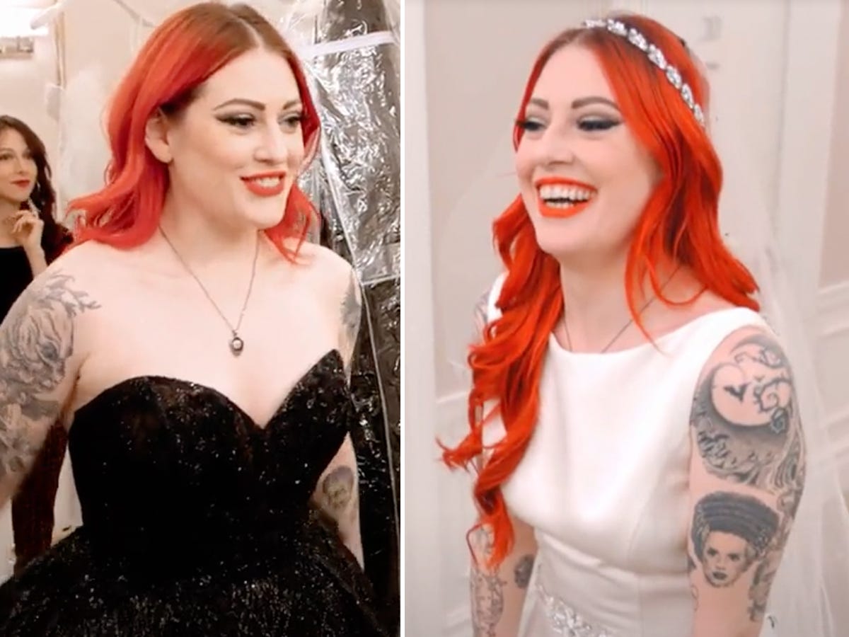 A side-by-side of a bride with red hair in a black and white wedding dress.