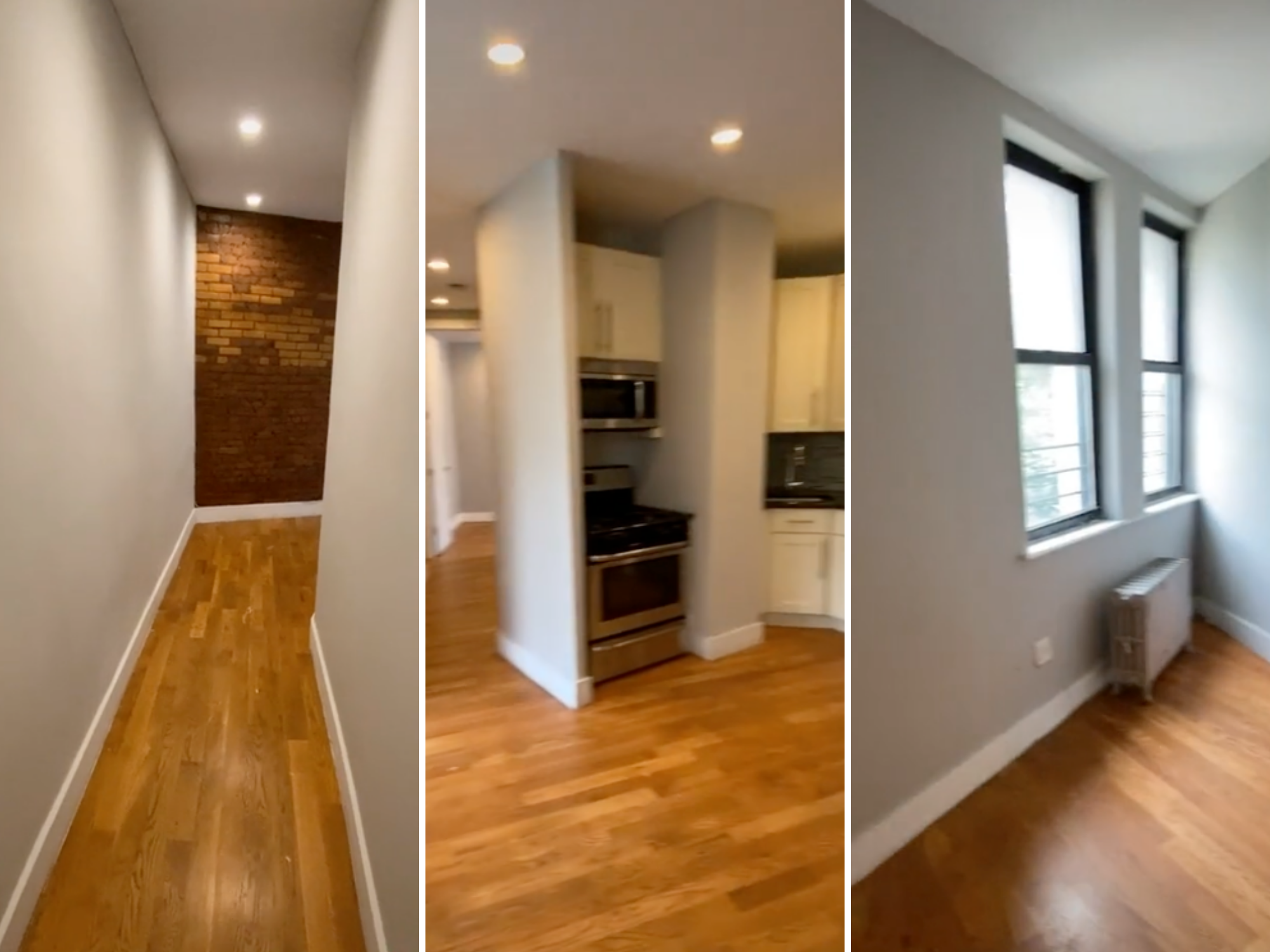 left: a wood-paneled hallway leading to an exposed brick wall; middle: a stove separated from a sink by a wall pillar with a hallway on the right; right: a tight angle corner with two windows and a radiator