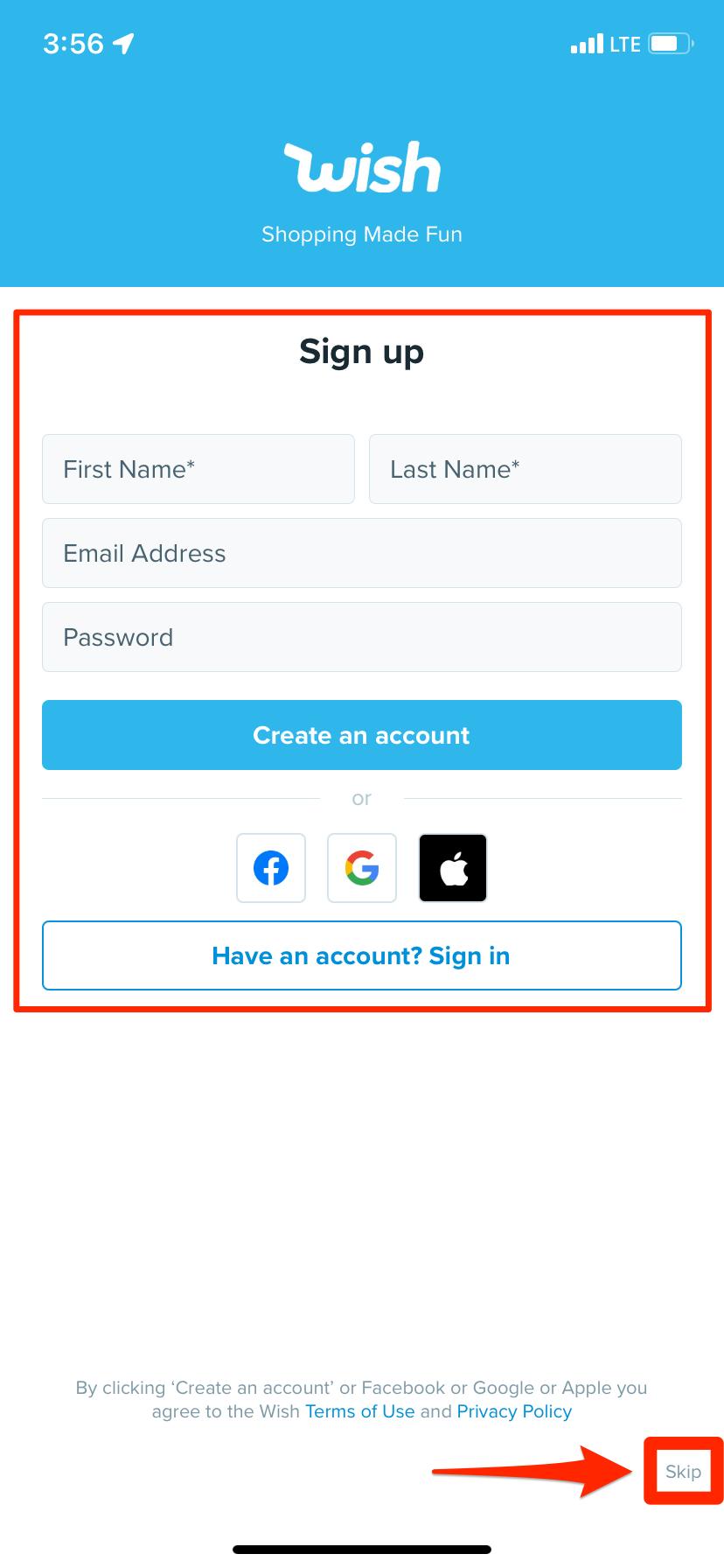 A page in the Wish app, asking the user to sign up for an account. The tiny "Skip" button in the corner is highlighted.