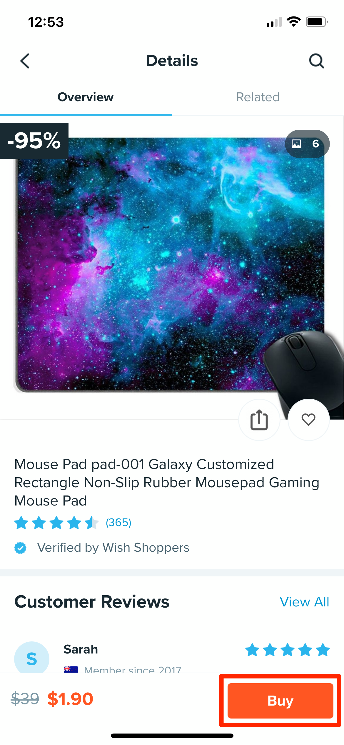 A page on Wish advertising a mousepad, which has a "galaxy" design on it.