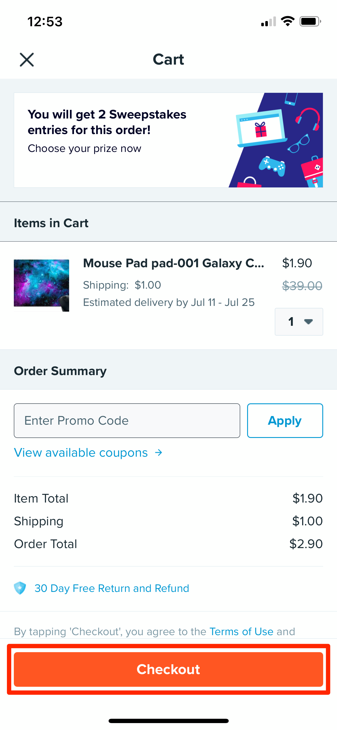 A checkout page on Wish. The only item in the cart is a mouse pad, which costs $1.90. The "Checkout" button is highlighted.