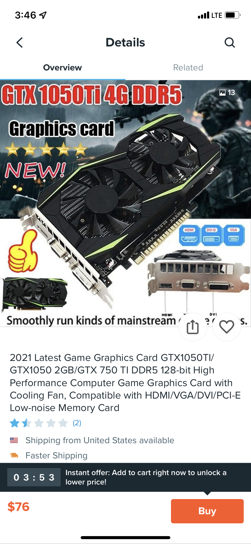 A Wish page for an Nvidia GTX 1050Ti graphics card. The image and description are filled with broken English, and the price is listed as $76.