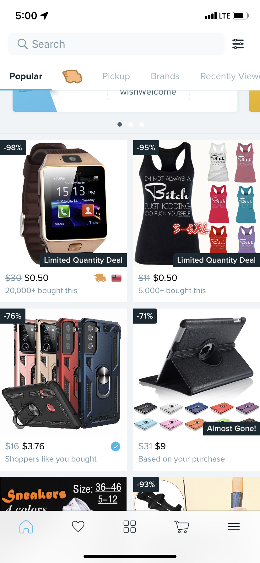 A Wish page advertising a smartwatch, tanktop shirt, smartphone case, and an iPad case.