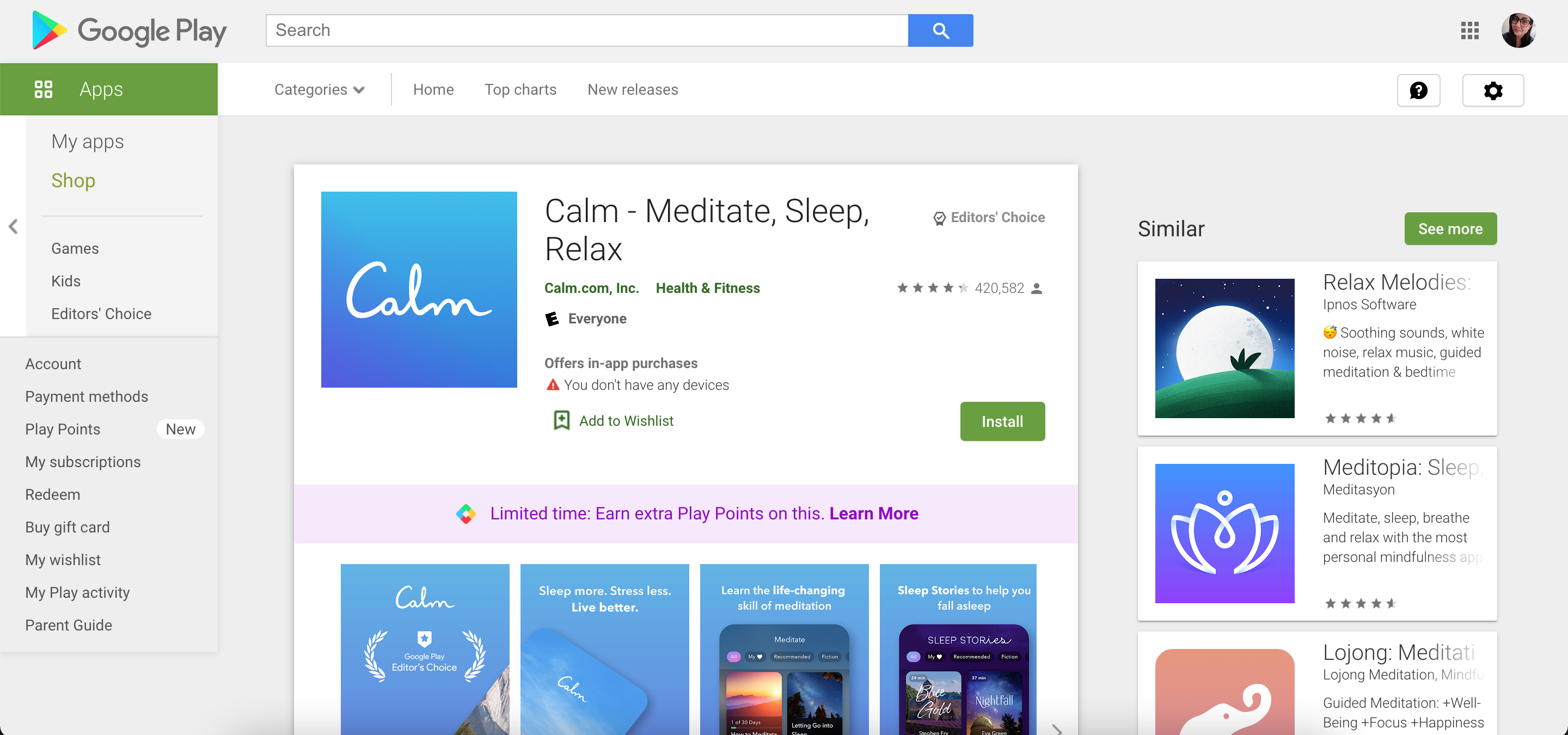 google play page for calm app
