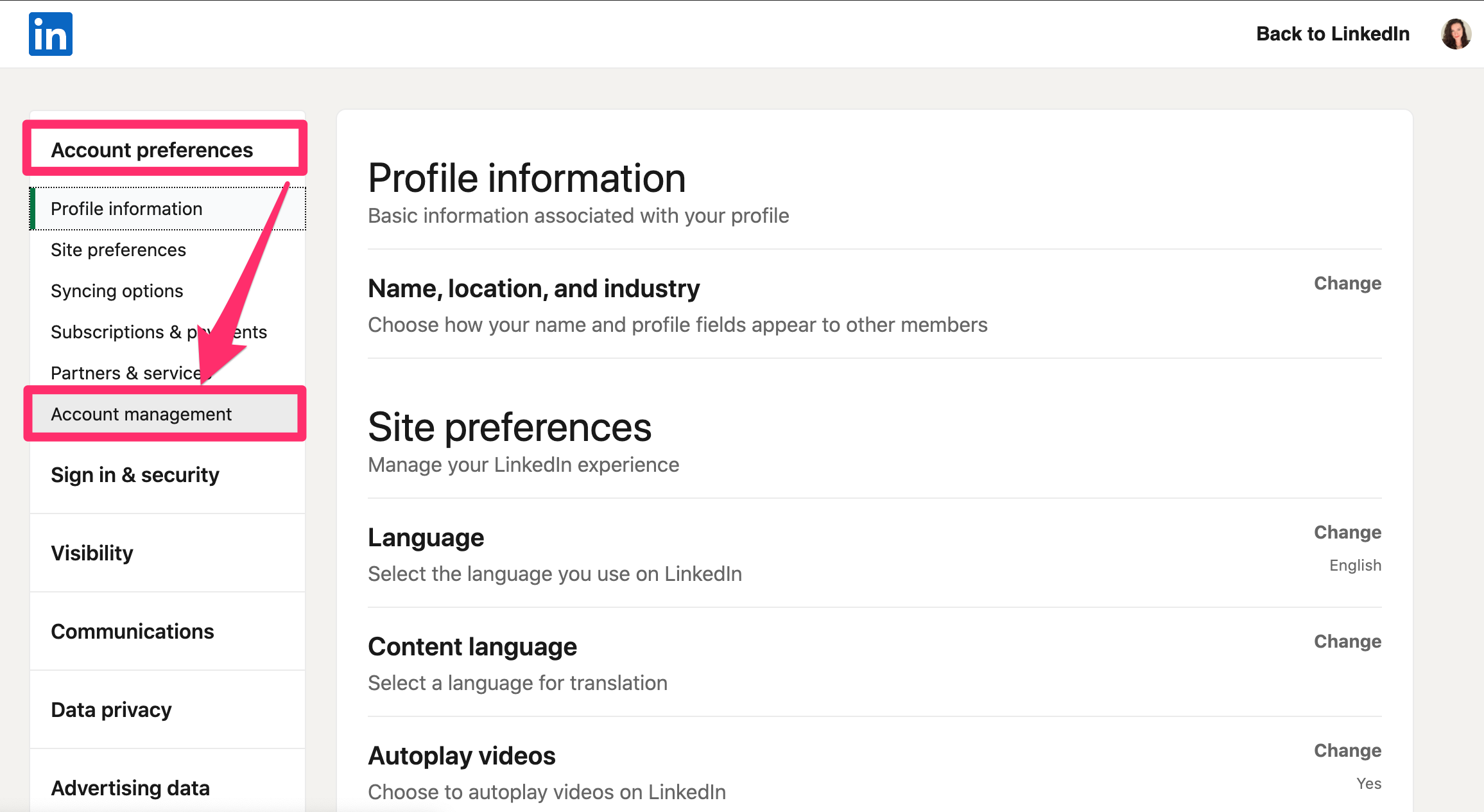 Screenshot of LinkedIn Settings & Privacy page