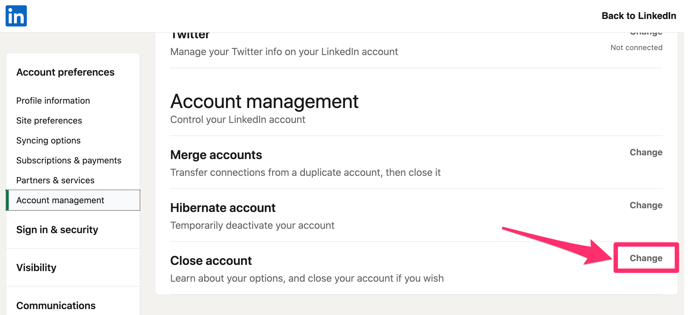 Screenshot of Account management section on LinkedIn Settings