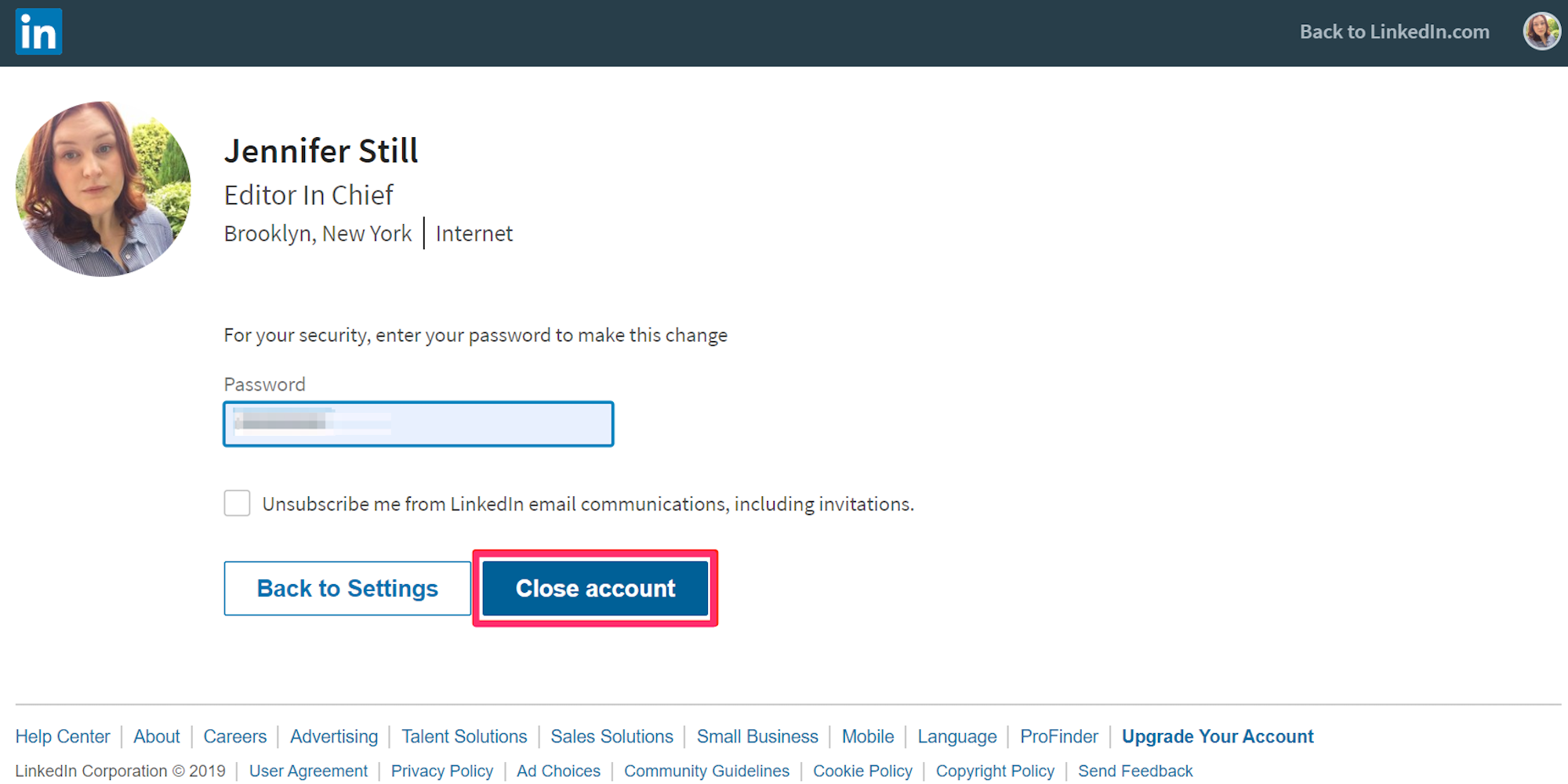 Screenshot of password entry page on LinkedIn