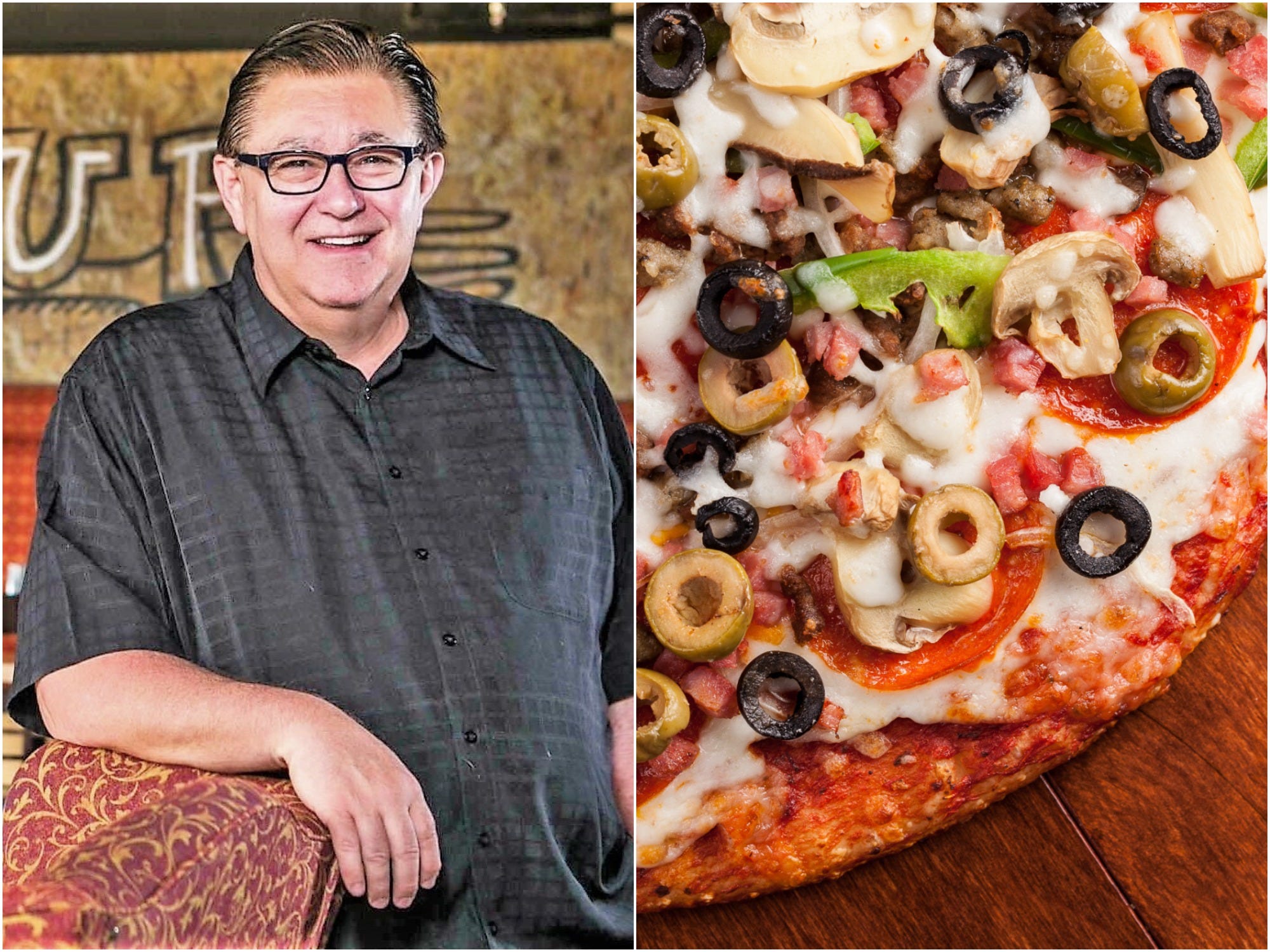 Tom Sacco next to a picture of Happy Joe's pizza